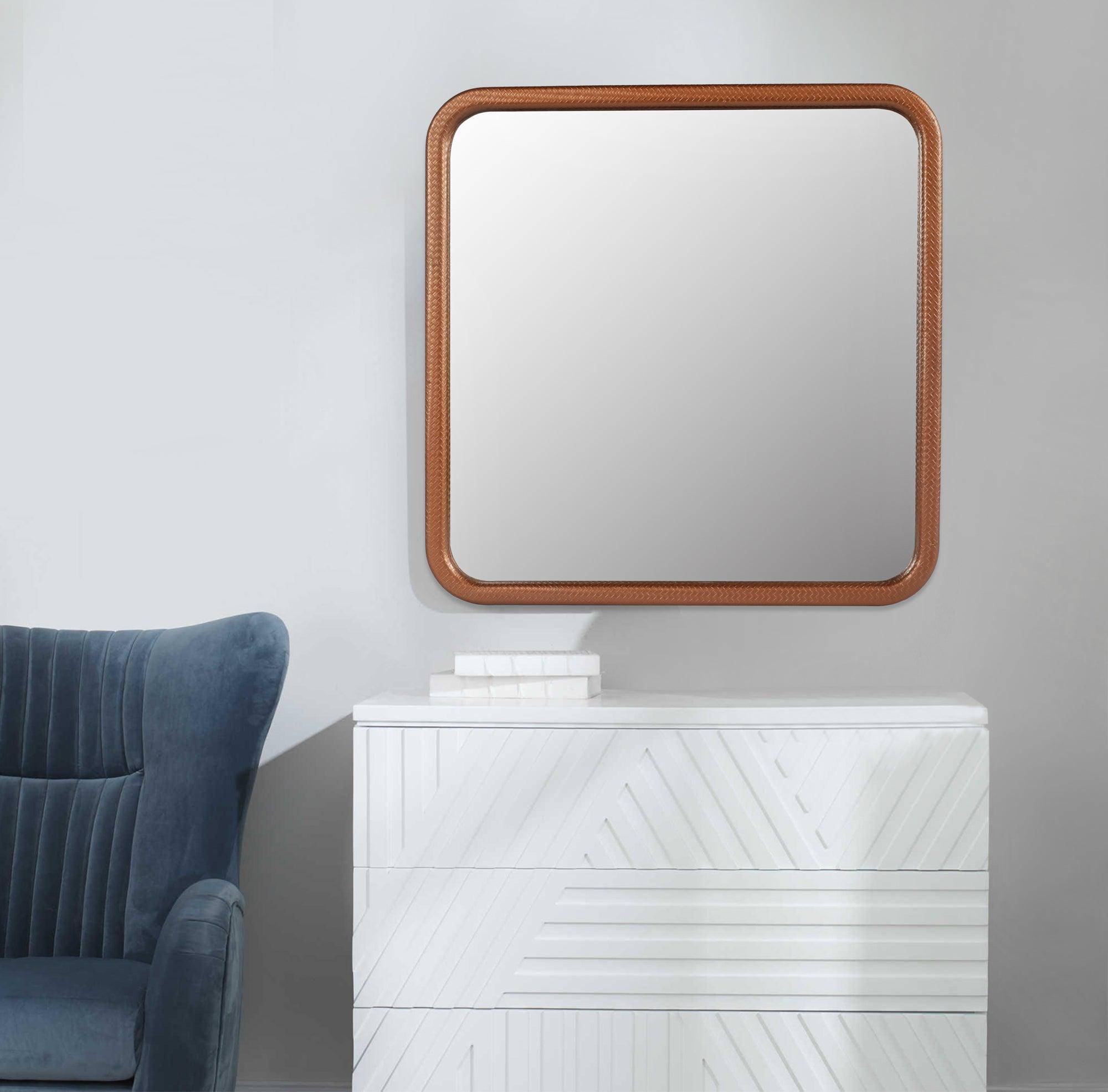 🆓🚛 Square Champagne Woven Grain Decorative Wall Hanging Mirror, Pu Covered Mdf Framed Mirror for Bedroom Living Room Vanity Entryway Wall Decor, 23.62X23.62"