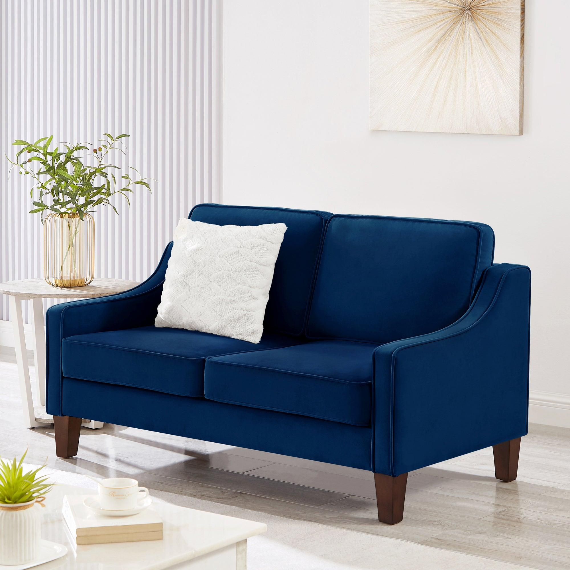 🆓🚛 Modern Loveseat Sofa for Living Room, Upholstered Velvet Small Couch With Wooden Legs for Livingroom Bedroom, Navy