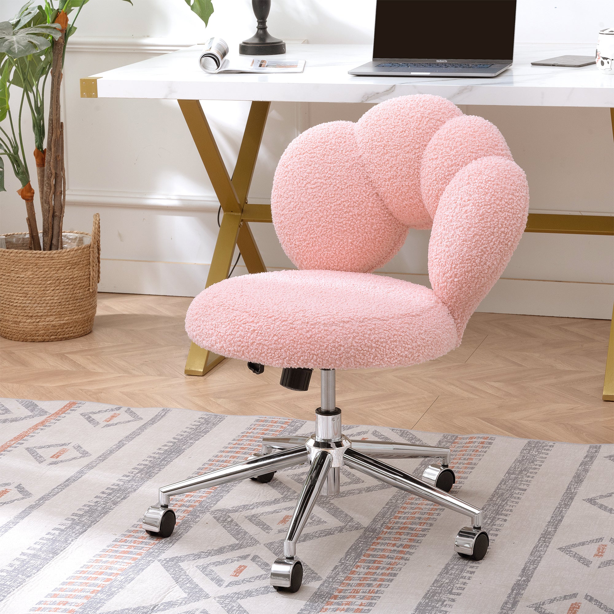 🆓🚛 Cozy Teddy Fabric Office Chair, Height Adjustable, Pink