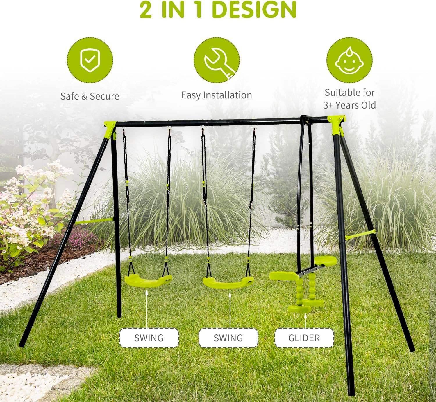 🆓🚛 Interesting Triple Children Metal Safe Swing Set 440Lbs for Outdoor Playground Three Seat Swing Black & Green for Age 3+