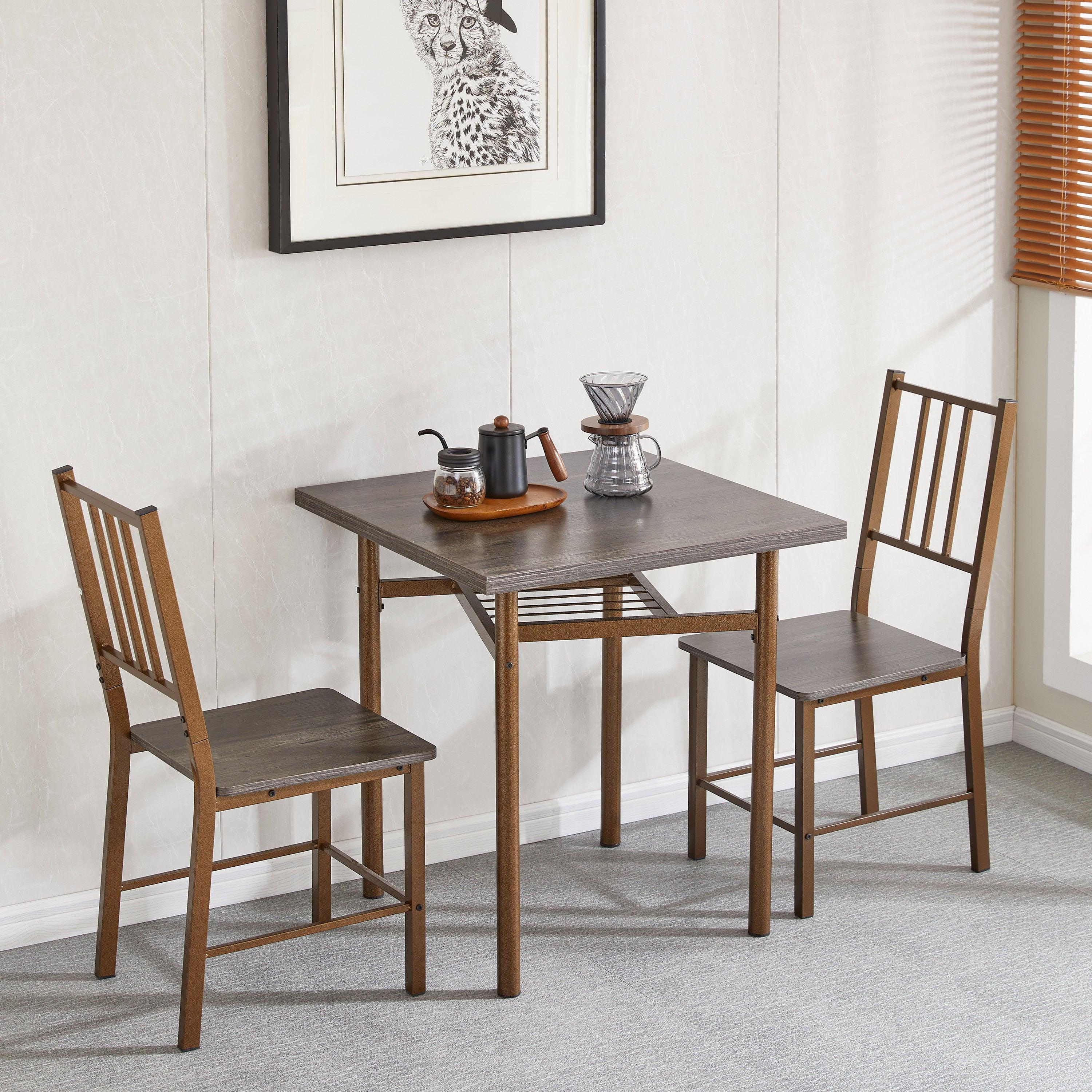 Dining Set for 2, Squre wooden Dining Table with 4 Legs and 2 Metal Chair for Home Office, Kitchen, Dining Room