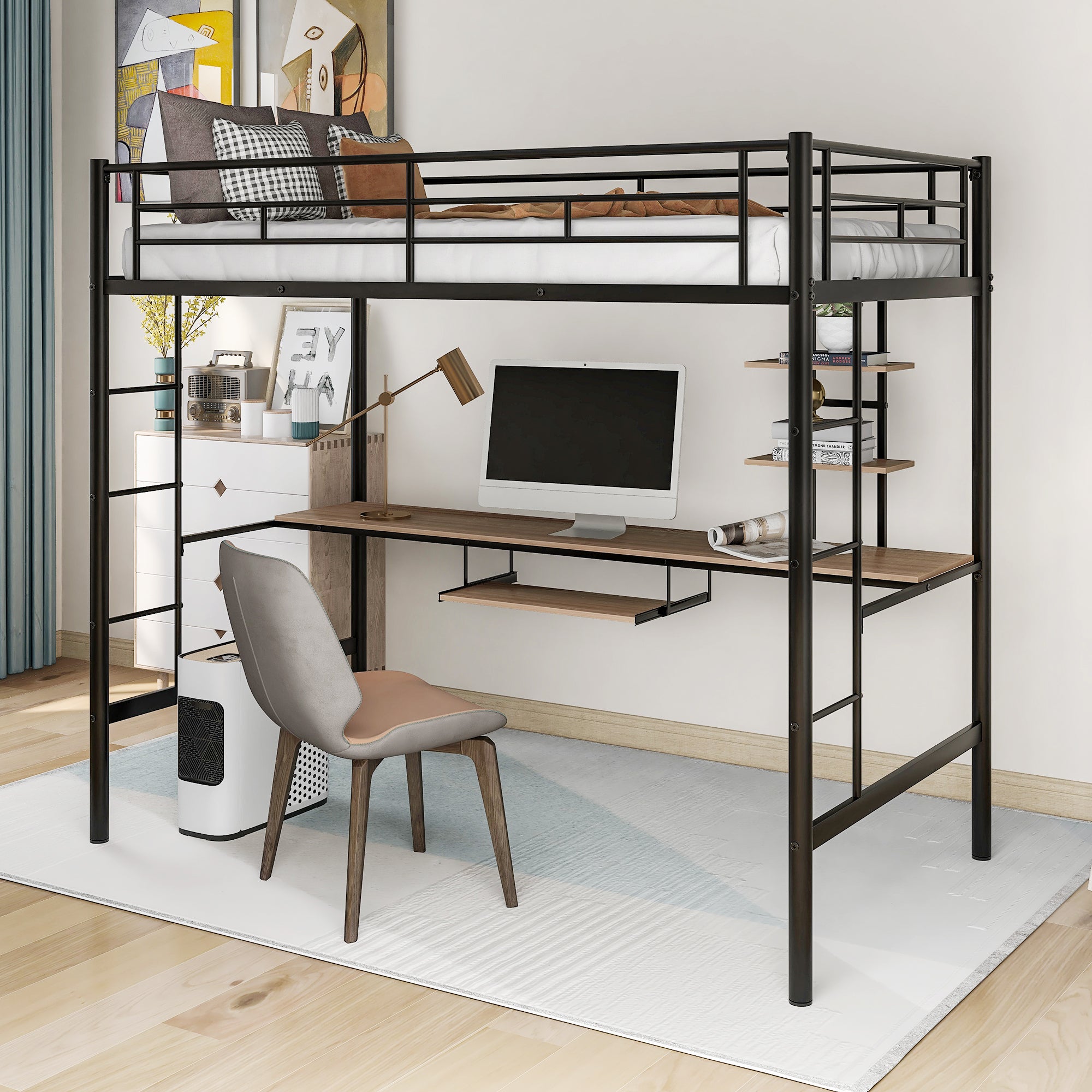 🆓🚛 Loft Bed With Desk and Shelf, Space Saving Design, Twin
