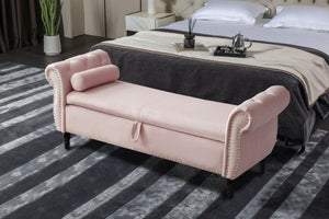 63" Velvet Multifunctional Storage Rectangular Sofa Stool Buttons Tufted Nailhead Trimmed Solid Wood Legs with 1 Pillow, Light Pink