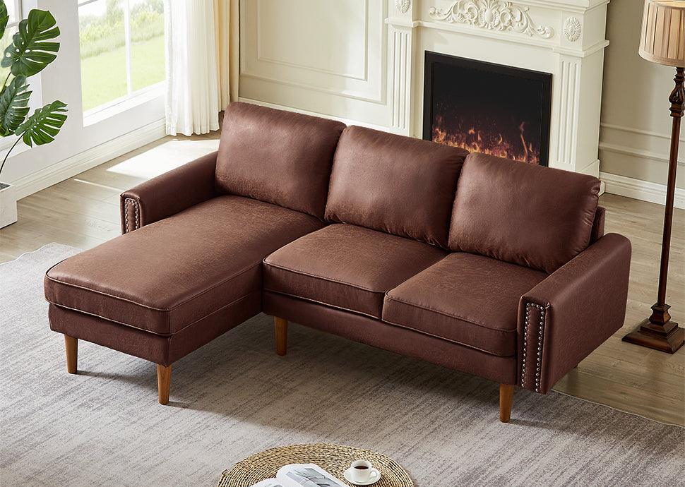 🆓🚛 82.2"L-Shape Sofa Couch With Chais Mid-Century Copper Nail On Arms, Strong Wooden Leg & Suede Fabric Design That Will Complement Any Living Space, Left Chaise, Dark Brown