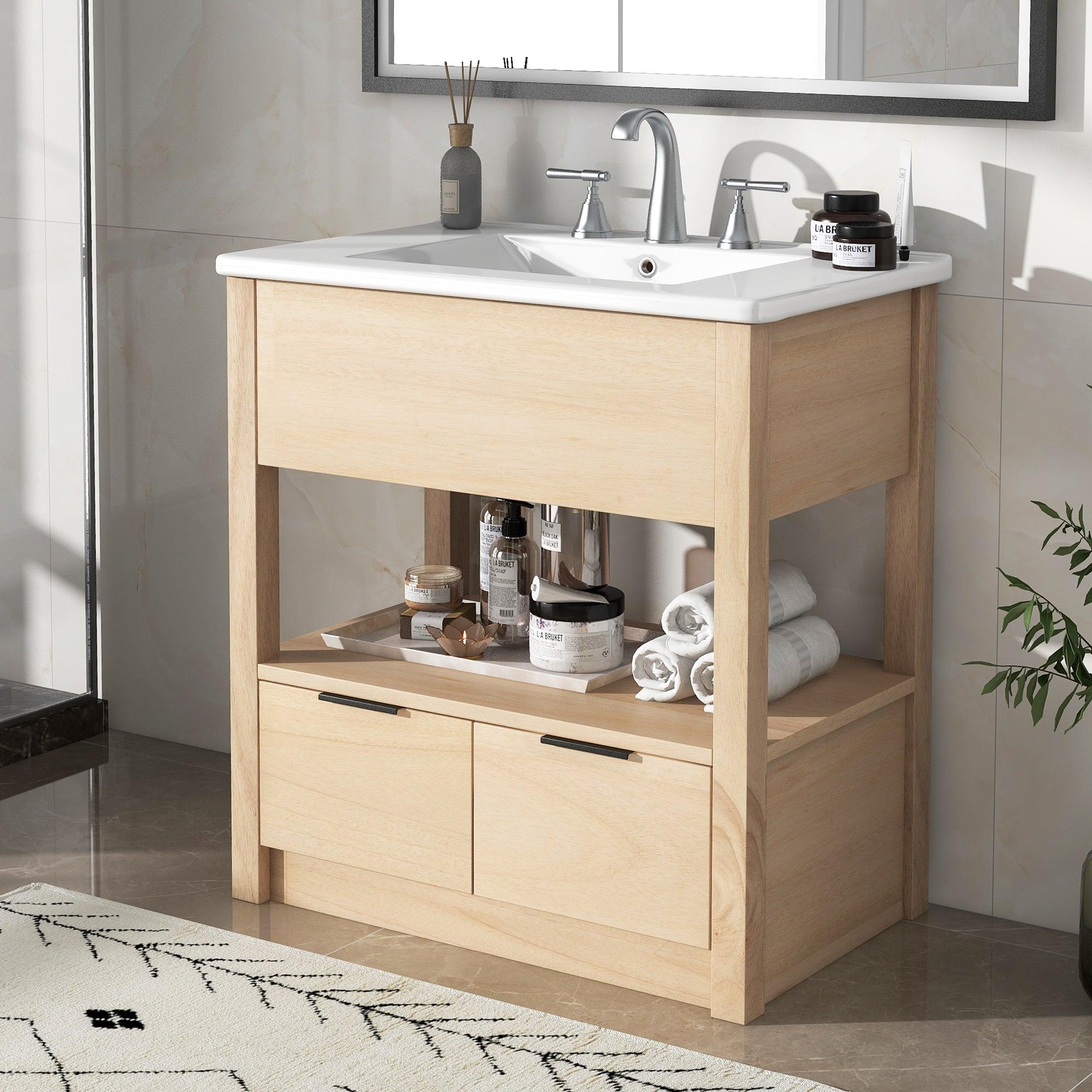 🆓🚛 30" Bathroom Vanity With Sink Top, Bathroom Cabinet With Open Storage Shelf & Two Drawers, One Package, Natural