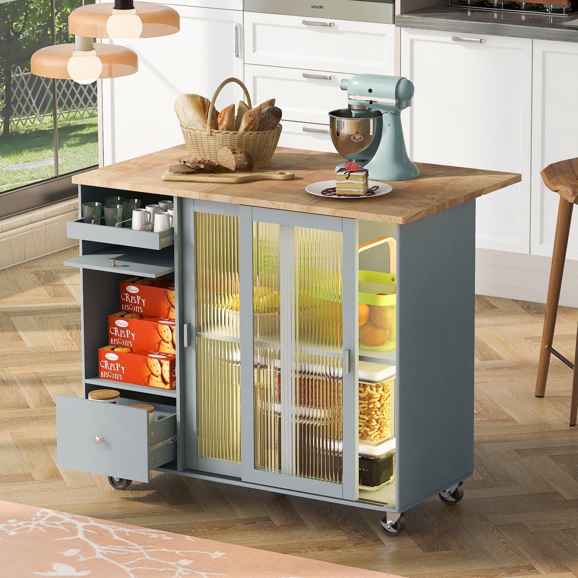 🆓🚛 Led Light Kitchen Cart On Wheels With 2 Fluted Glass Doors & 1 Flip Cabinet Door, Large Kitchen Island Cart With An Adjustable Shelf & 2 Drawers (Gray Blue)