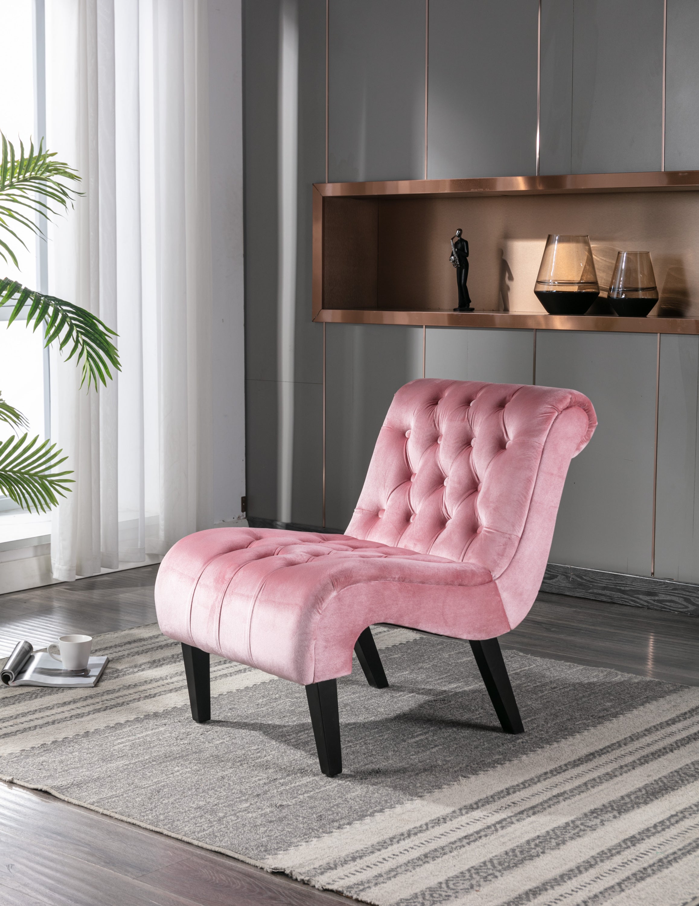 🆓🚛 Armless Living Room Chair with Curved Backrest, Pink