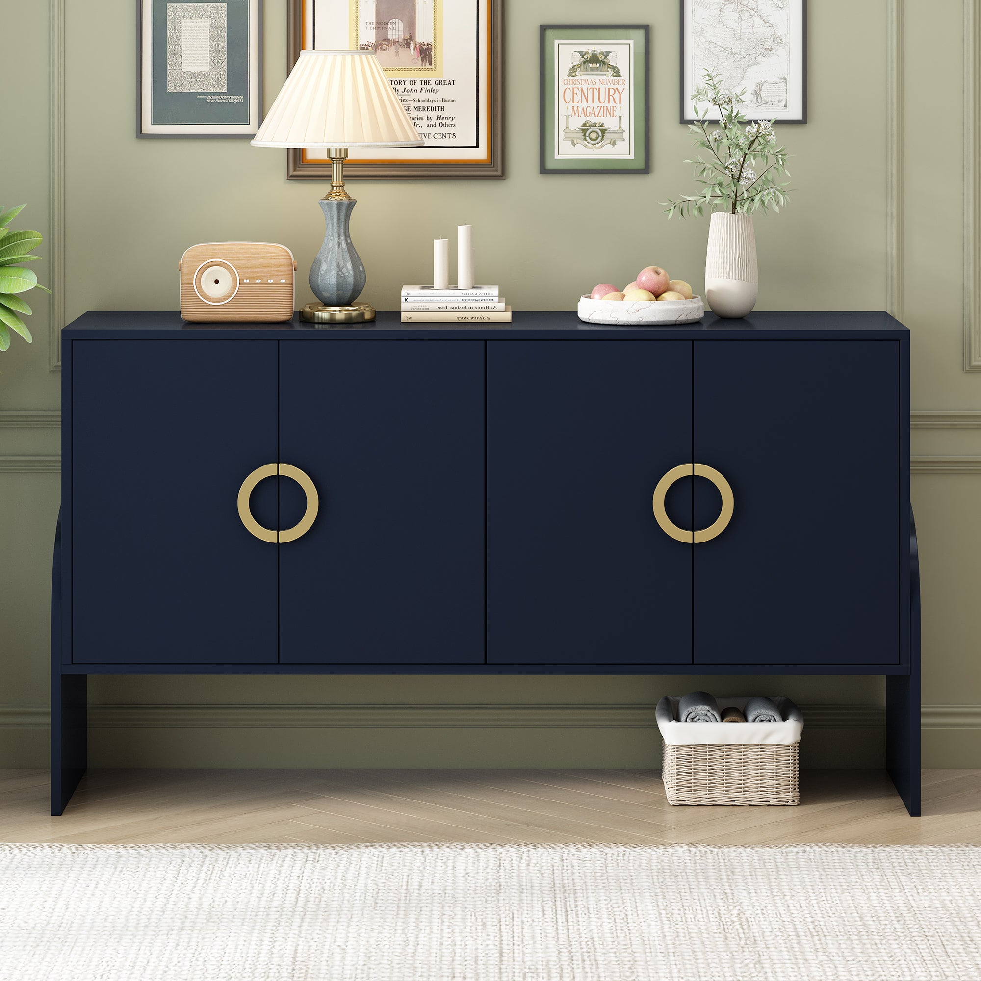🆓🚛 4-Door Storage Cabinet, Metal Handle, Suitable for Study, Living Room, Bedroom, Navy Blue