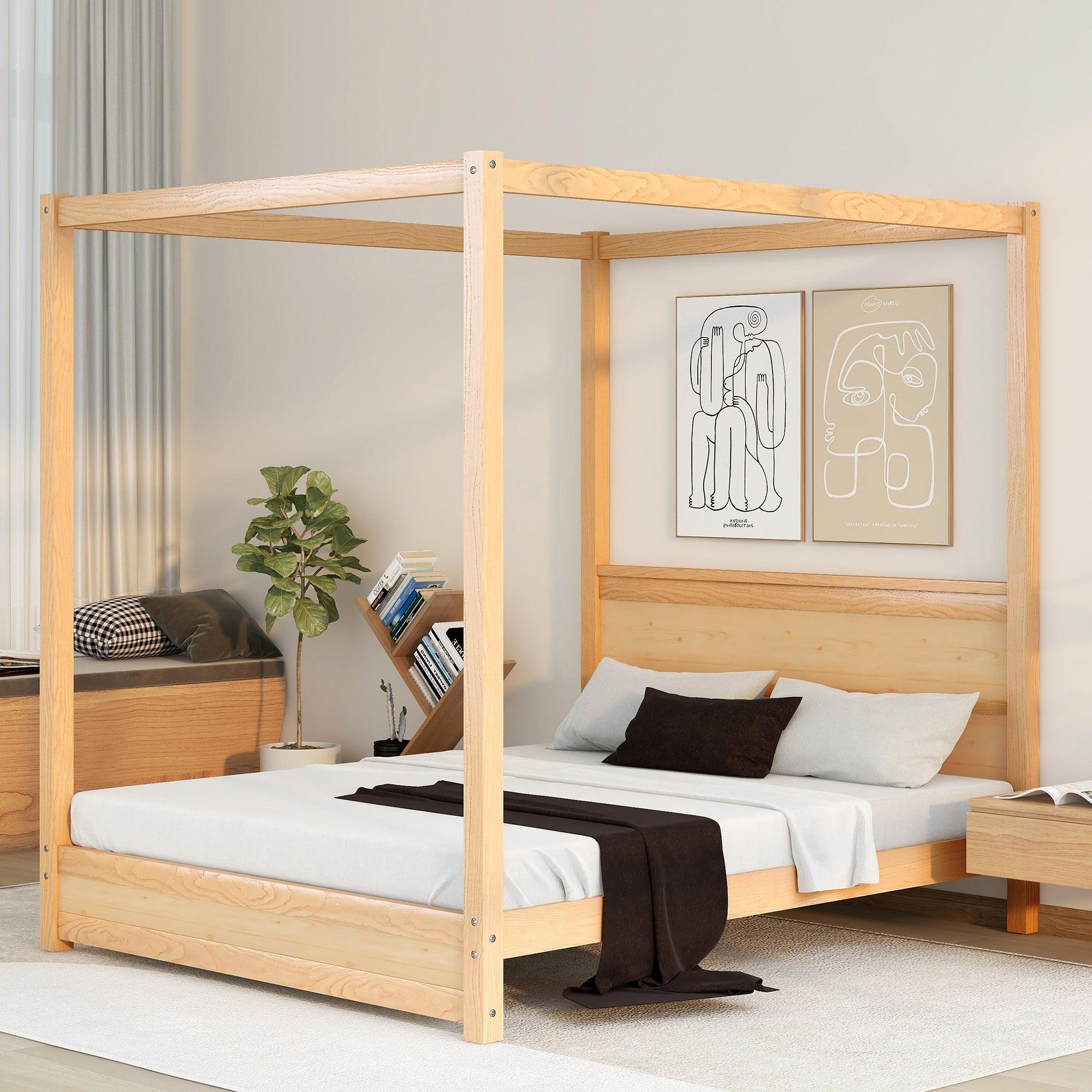 🆓🚛 Queen Size Canopy Platform Bed With Headboard & Support Legs, Natural