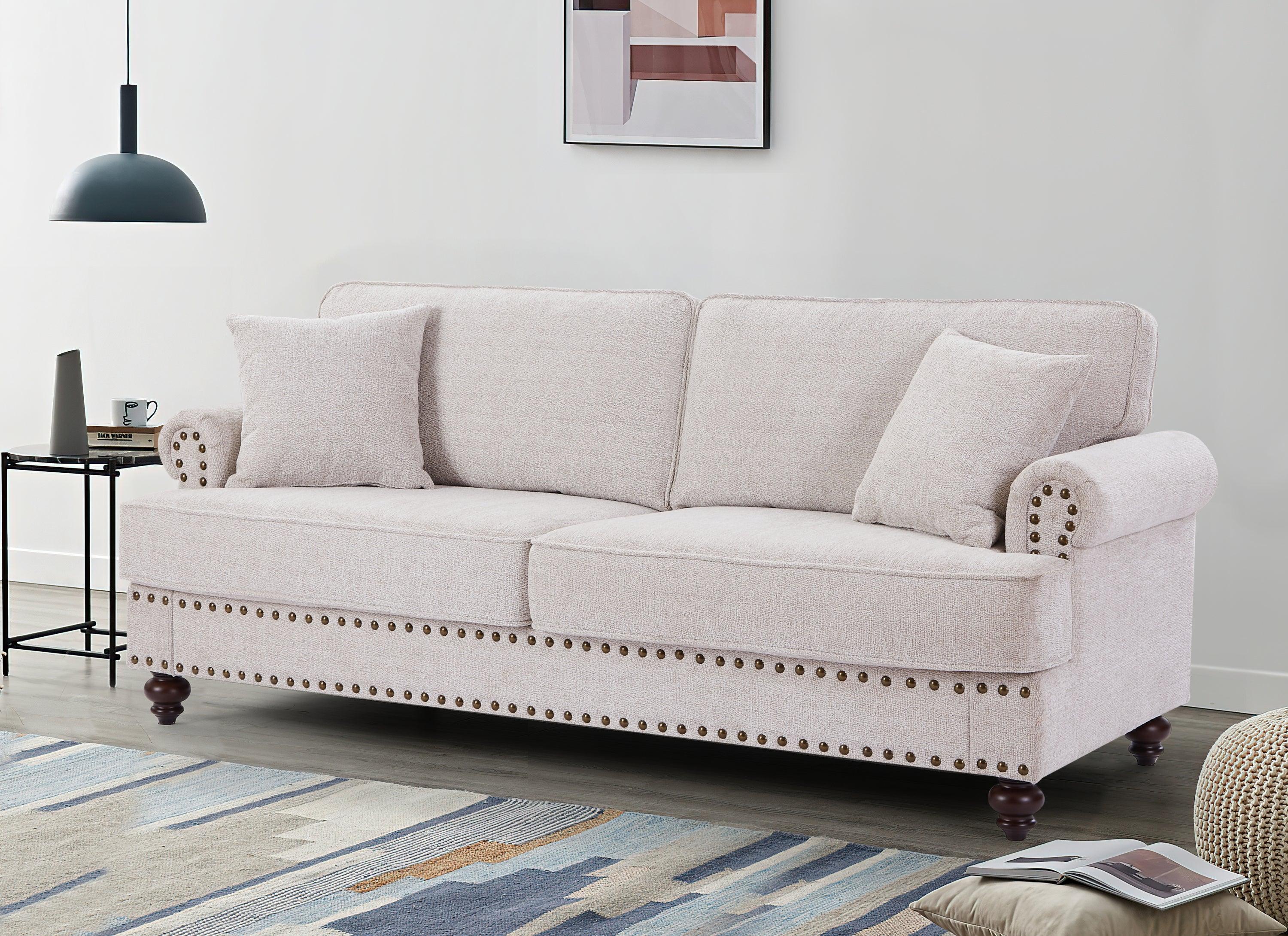 🆓🚛 82" Chenille Modern Upholstered Sofa With Nails & Armrests, White