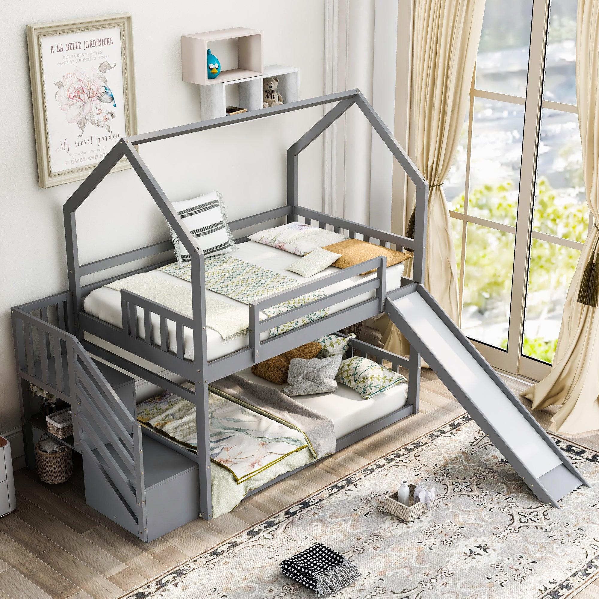 🆓🚛 Twin Over Twin House Bunk Bed With Convertible Slide, Storage Staircase Can Be Placed Left Or Right, Gray