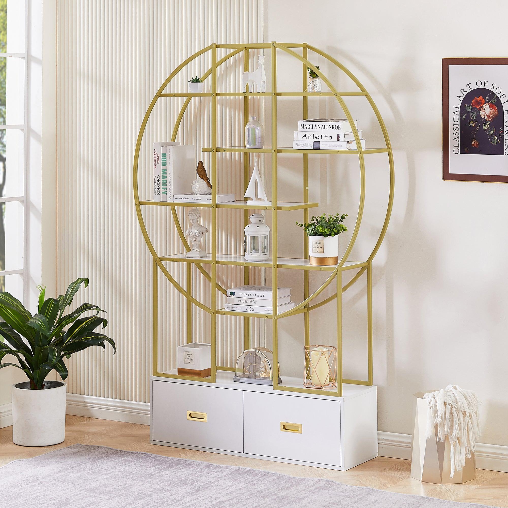 🆓🚛 70.8 Inch Round Office Bookcase Bookshelf, Display Shelf, Two Drawers, Gold Frame