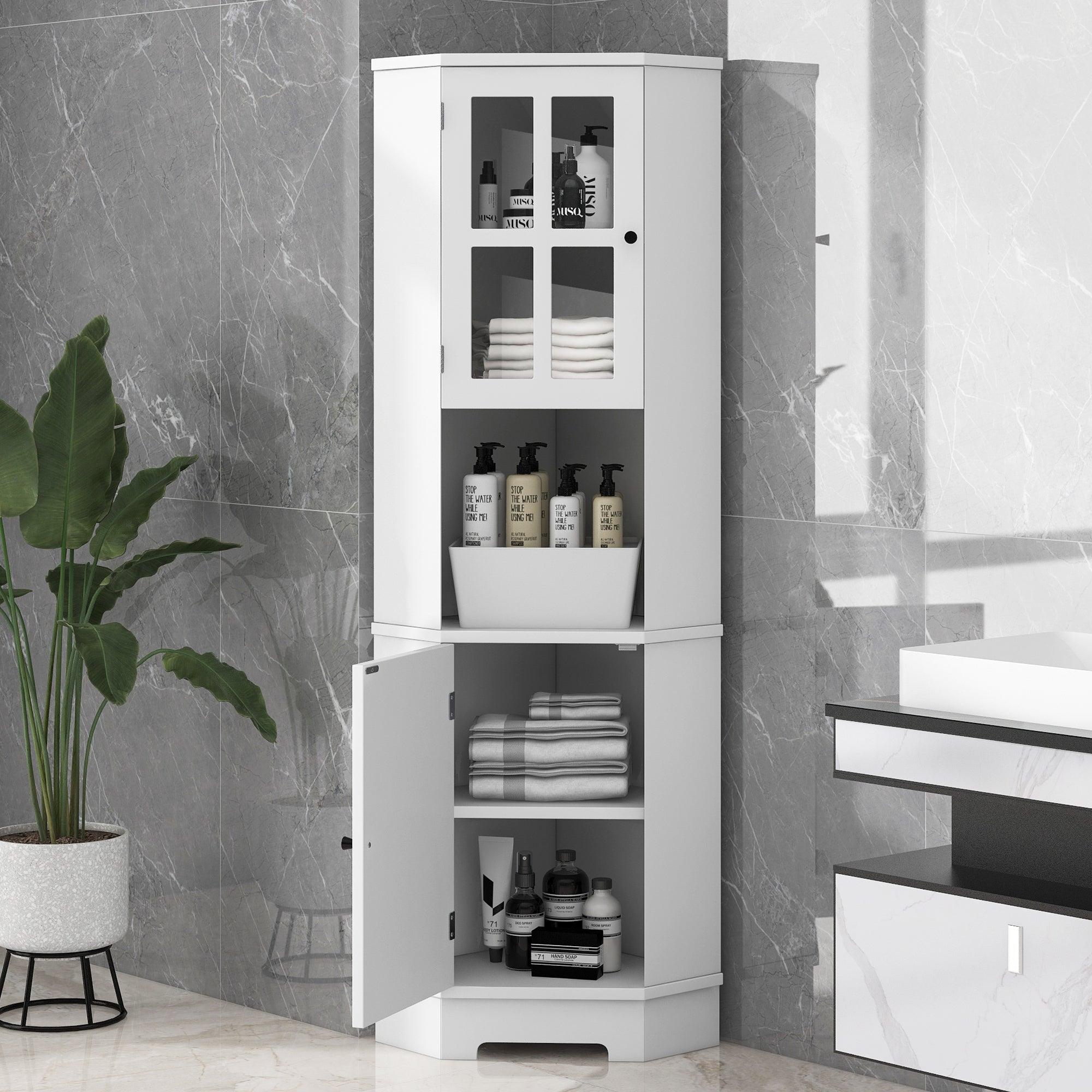 🆓🚛 Tall Bathroom Storage Cabinet, Corner Cabinet With Glass Door, Open Storage, Adjustable Shelf, White