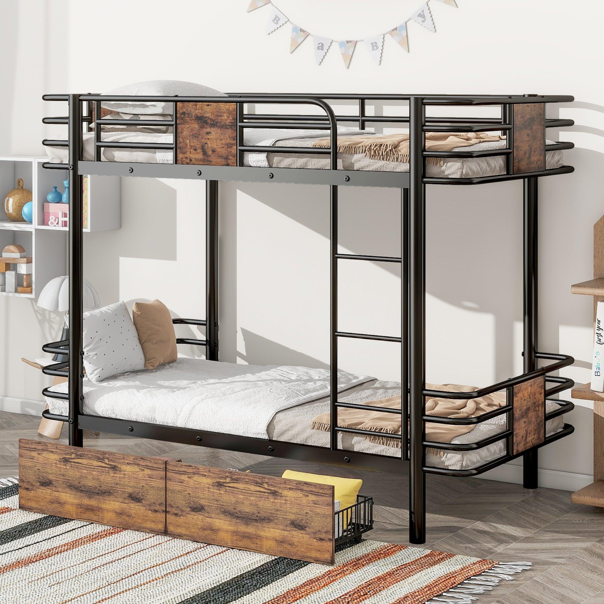 🆓🚛 Twin Xl Over Twin Xl Metal Bunk Bed With MDF Board, Guardrail & Two Storage Drawers, Black