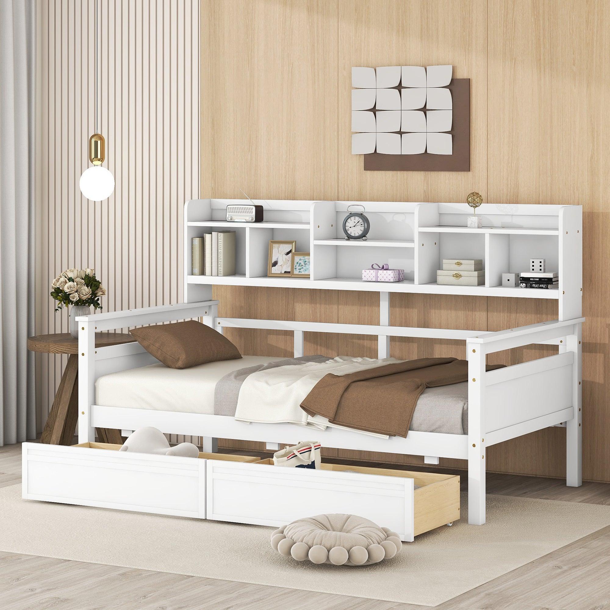 🆓🚛 Twin Size Daybed, Wood Slat Support, With Bedside Shelves & Two Drawers, White