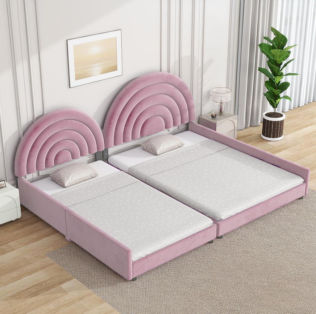 🆓🚛 Twin+Full Upholstered Platform Bed Set With Semicircular Headboard, Pink