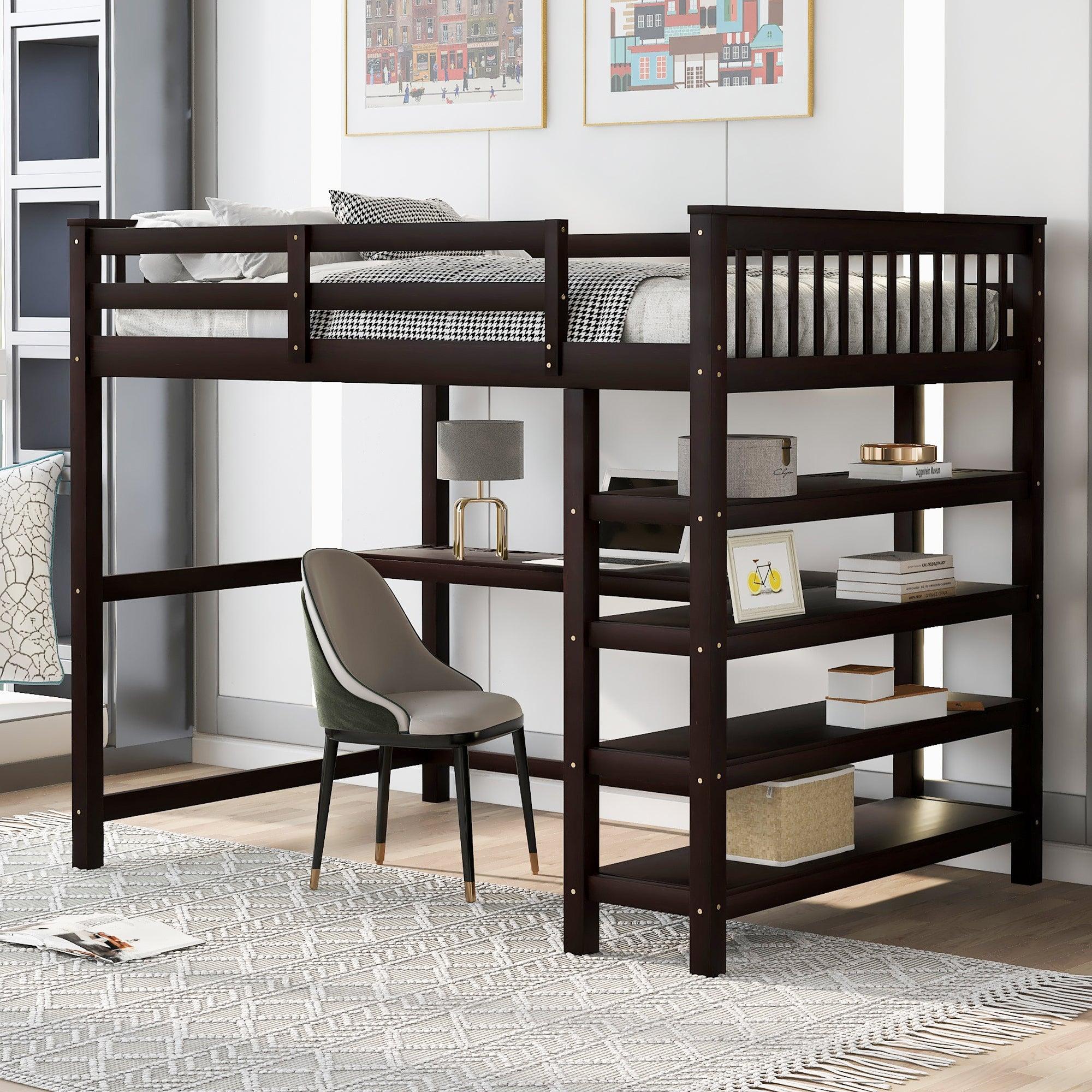 🆓🚛 Full Size Loft Bed With Storage Shelves & Under-Bed Desk, Espresso
