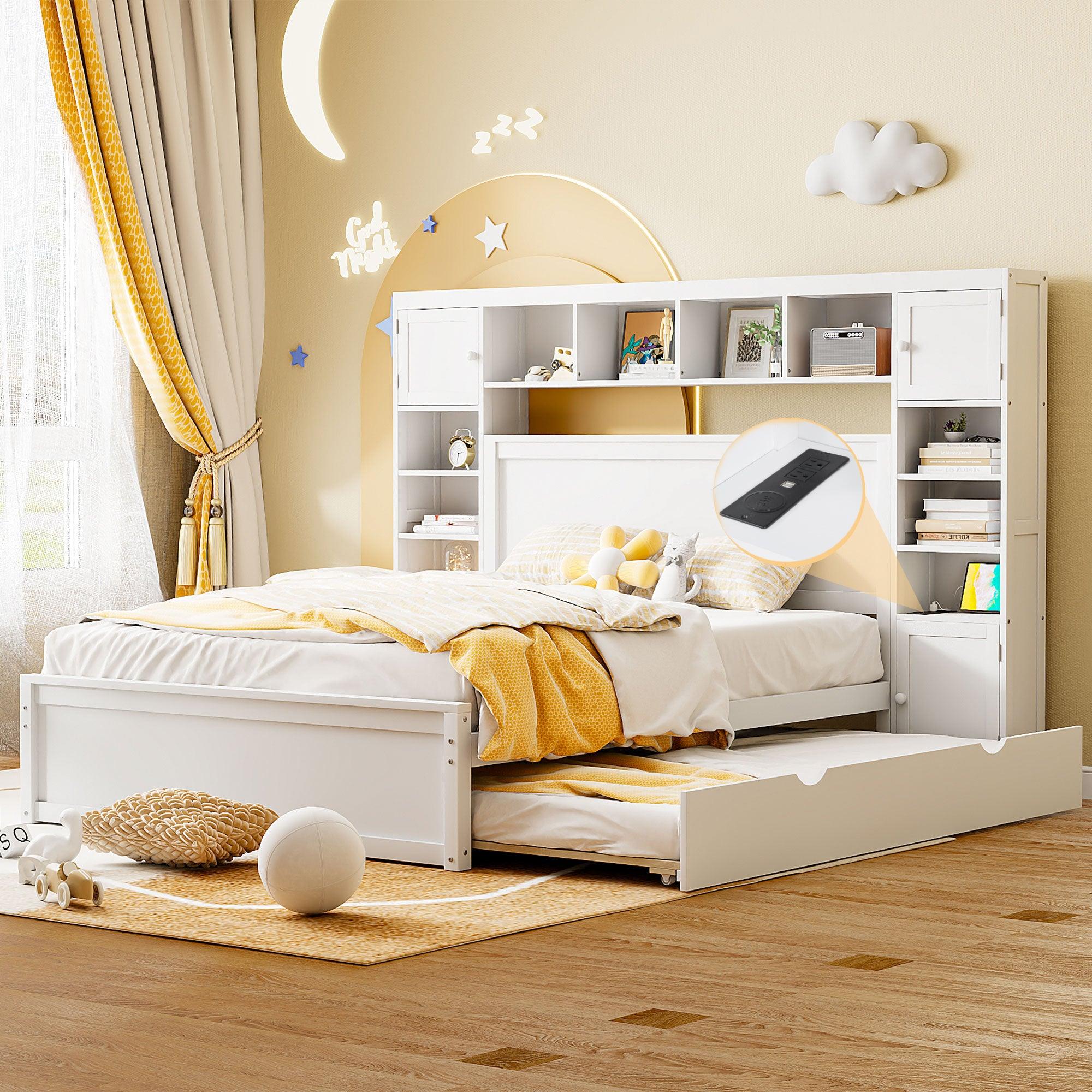 🆓🚛 Queen Size Wooden Bed With All-in-One Cabinet, Shelf & Sockets, White