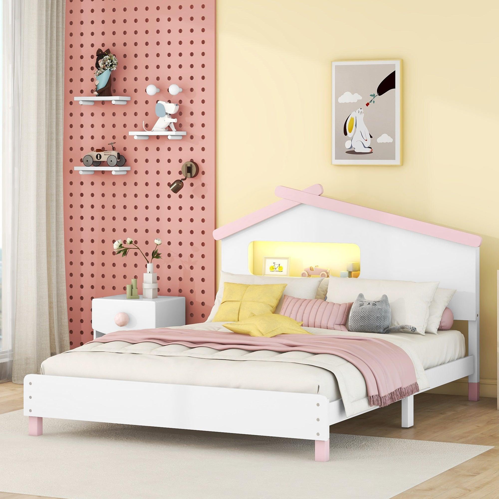 Full Size Wood Platform Bed with House-shaped Headboard and Motion Activated Night Lights (White+Pink)