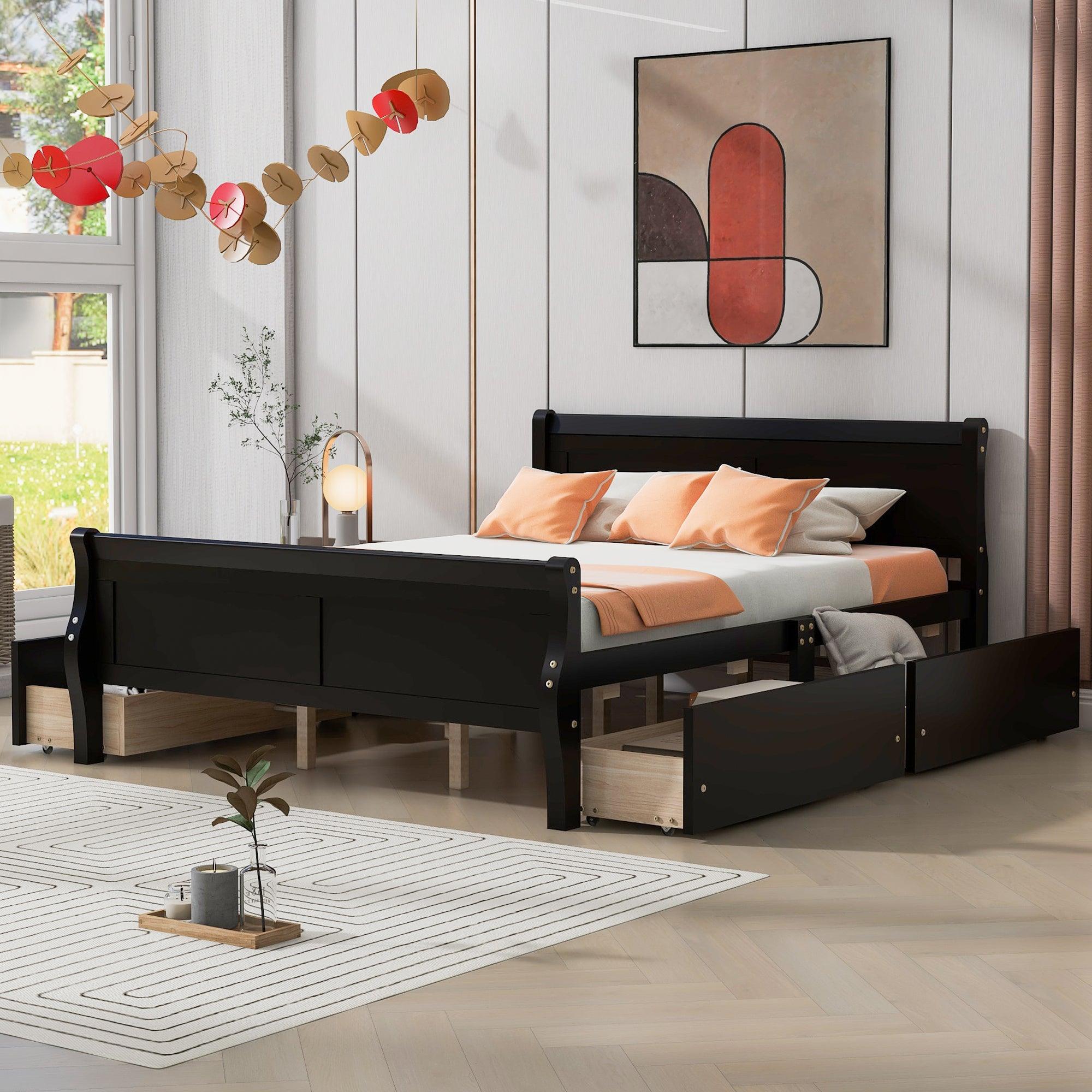 🆓🚛 Queen Size Wood Platform Bed With 4 Drawers & Streamlined Headboard & Footboard, Espresso