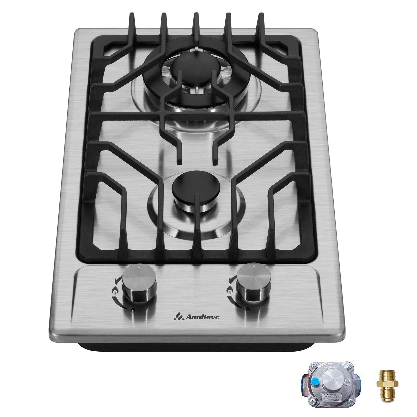 🆓🚛 2 Burner Gas Cooktop 12", Built-in Gas Stove Top Electronic Ignition, Propane Stove 2 Burner, Thermocouple Flame Protection, Propane Gas / Natural Gas Dual Fuel