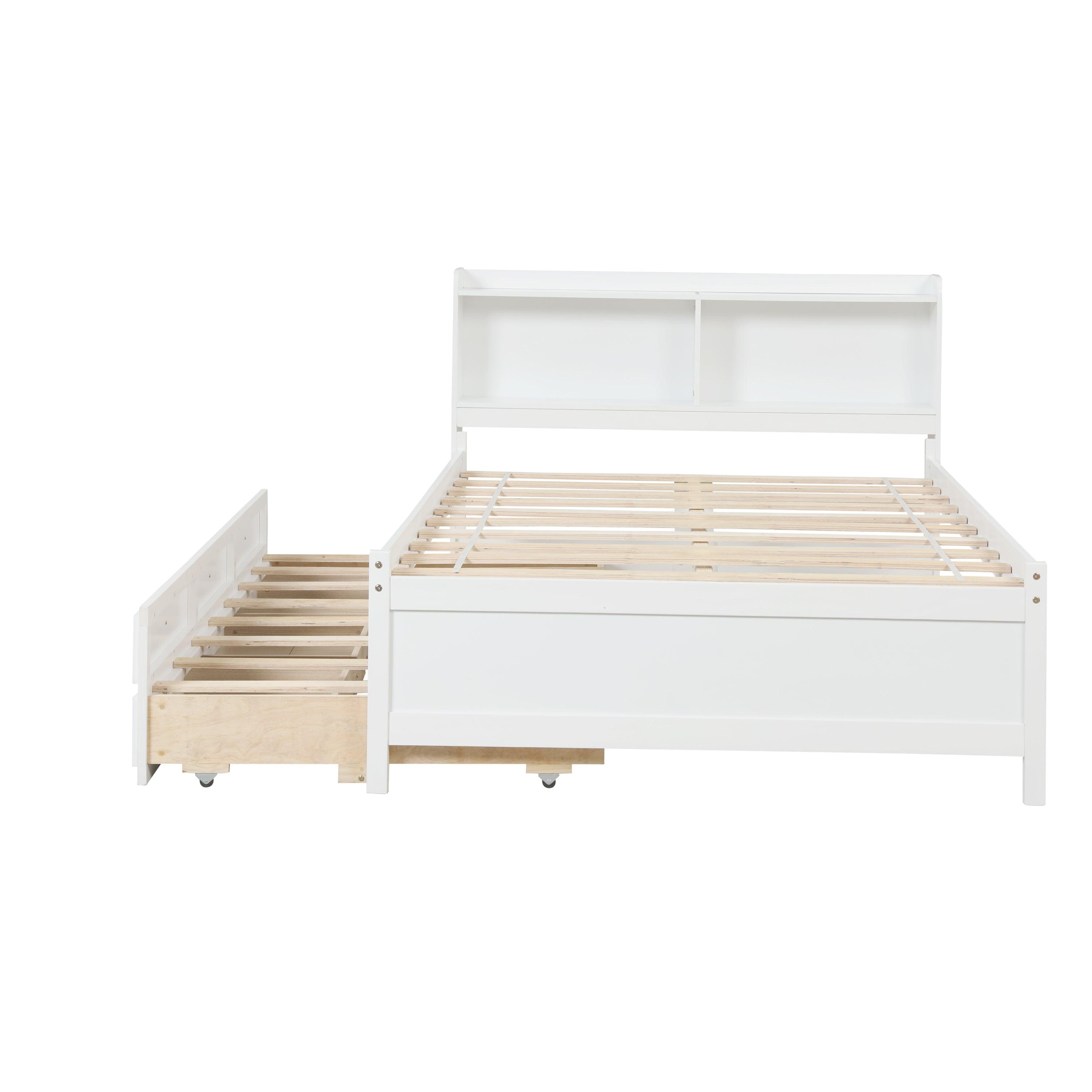 Full Bed With Bookcase, Twin Trundle & Drawers, White