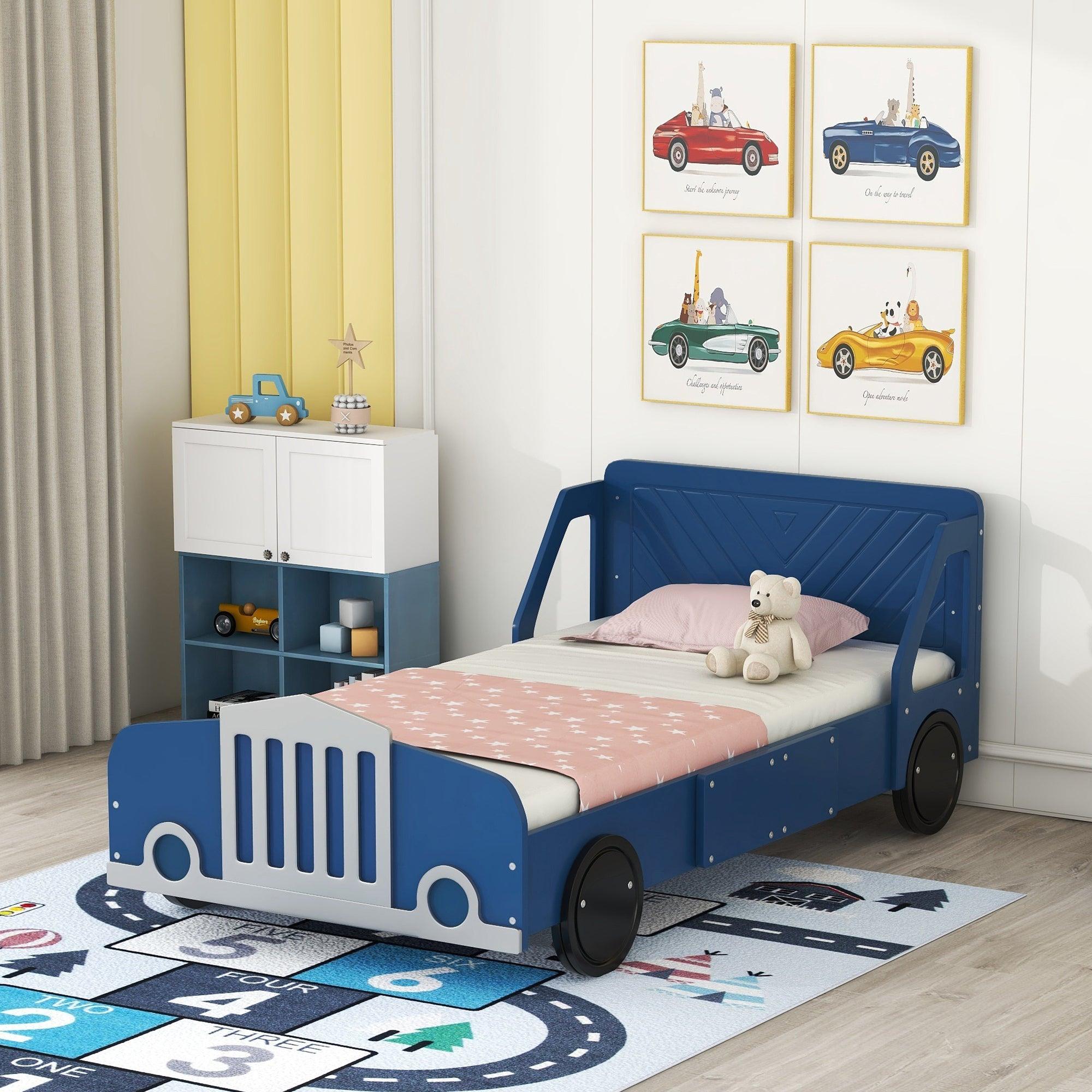 🆓🚛 Twin Size Car-Shaped Platform Bed With Wheels, Blue