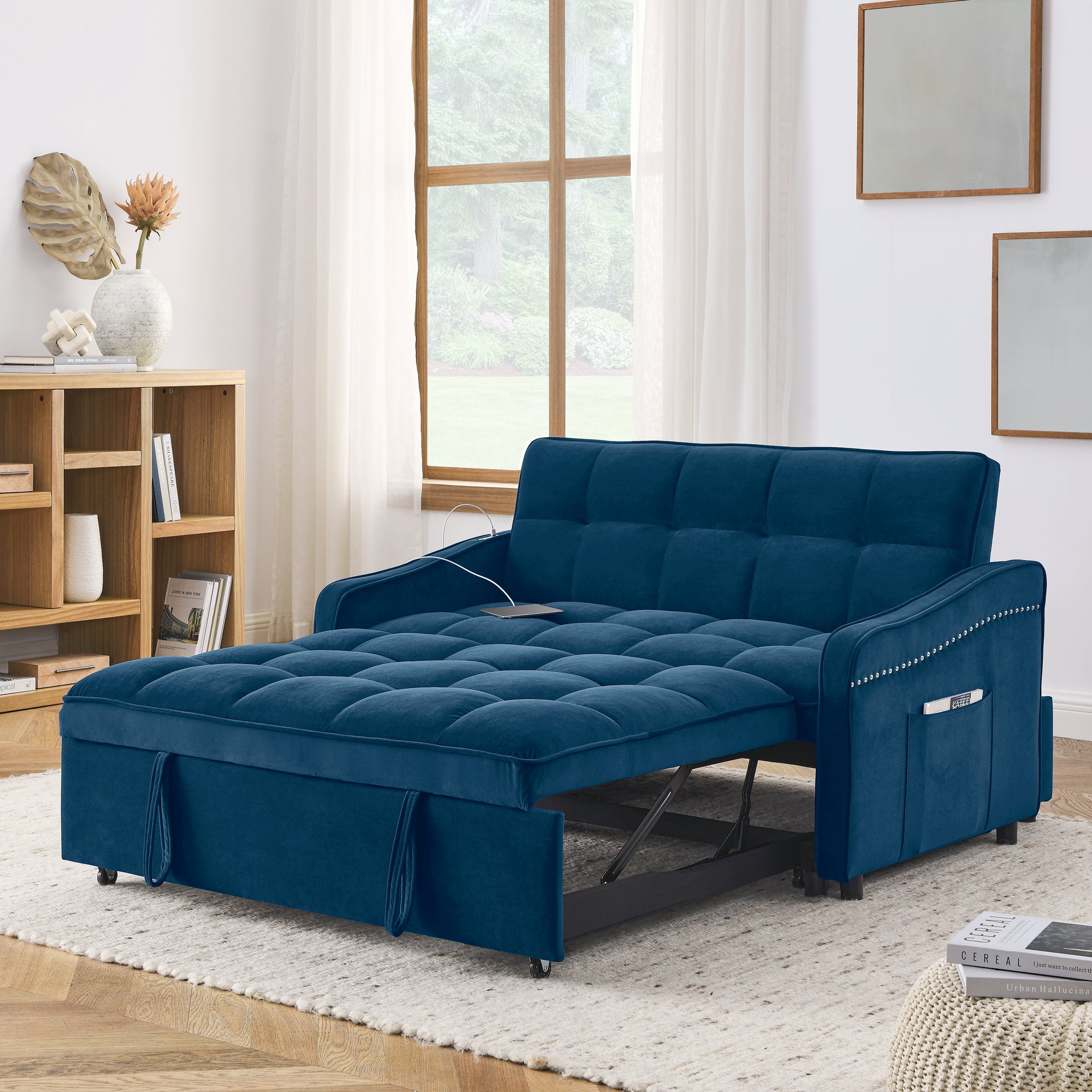 🆓🚛 Loveseats Sofa Bed With Pull-Out Bed, Adjustable Back and Two Arm Pocket,  Copper Nail, USB Charging, Blue (47"X53"X31")