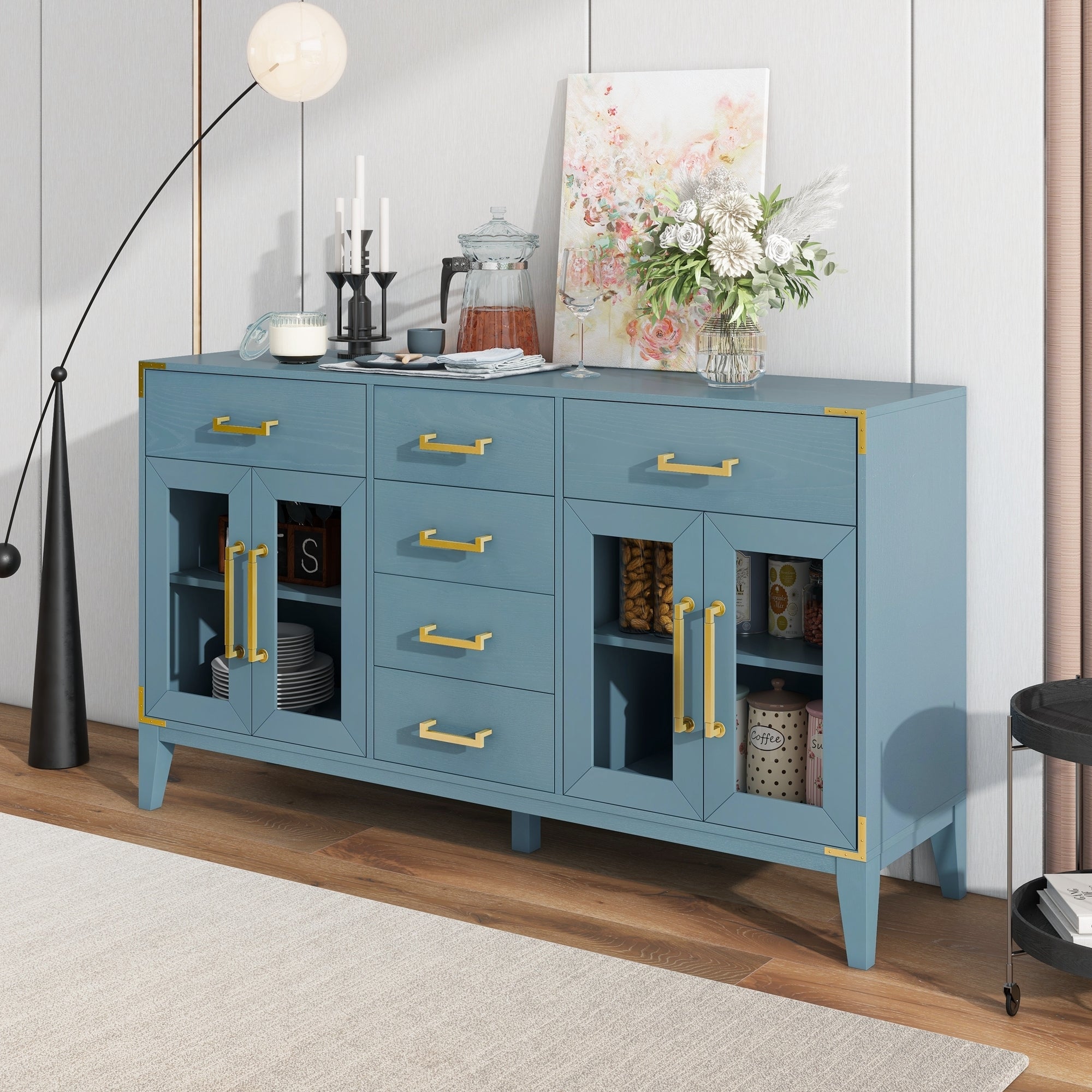 🆓🚛 6-Drawer & 2-Cabinet Retro Sideboard With Extra Large Storage Space, With Gold Handles & Solid Wood Legs, for Kitchen & Living Room, Antique Blue