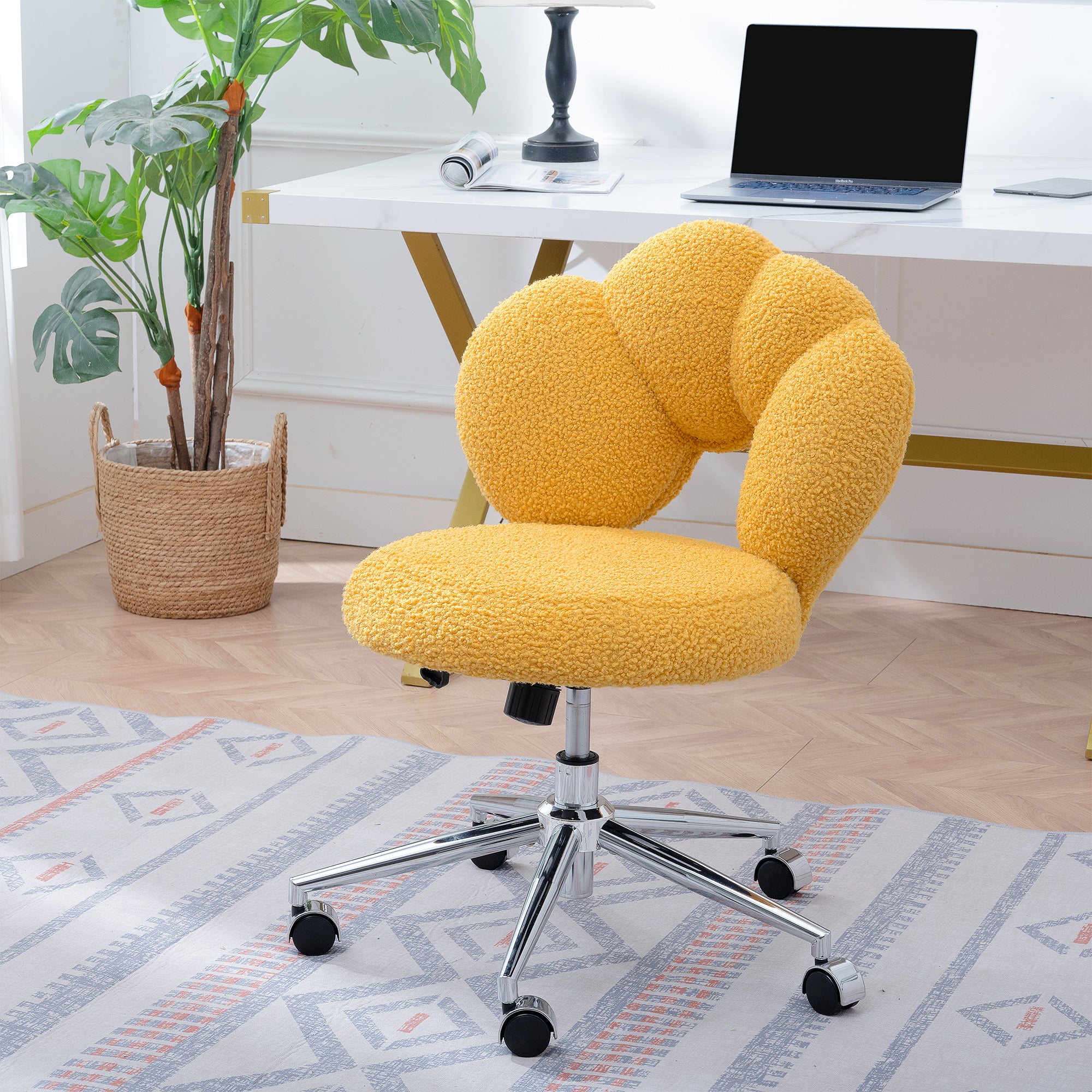 🆓🚛 Cozy Teddy Fabric Office Chair, Height Adjustable, Yellow