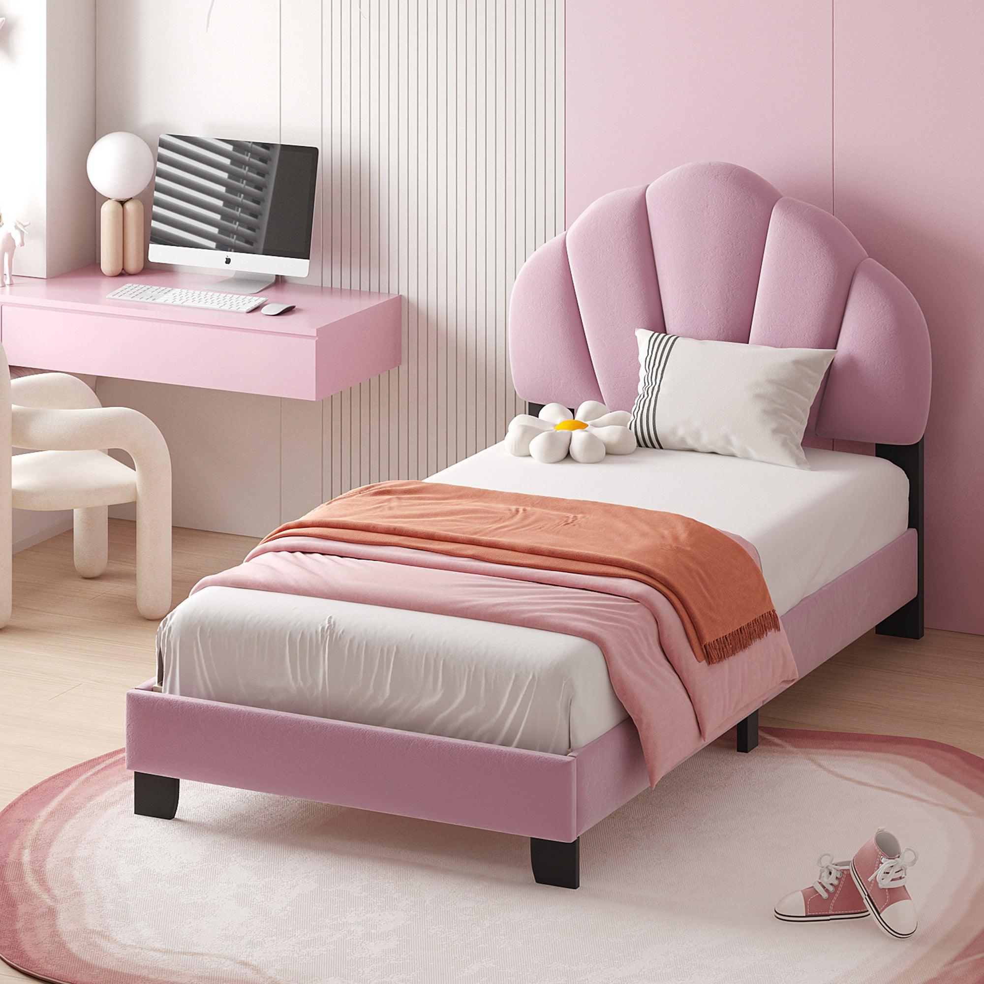 🆓🚛 Twin Size Upholstered Velvet Platform Bed With Shell-Shaped Headboard, Pink