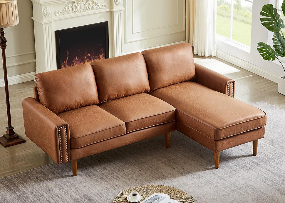 🆓🚛 82.2"L-Shape Sofa Couch With Chais Mid-Century Copper Nail On Arms, Strong Wooden Leg & Suede Fabric Design That Will Complement Any Living Space, Right Chaise, Brown