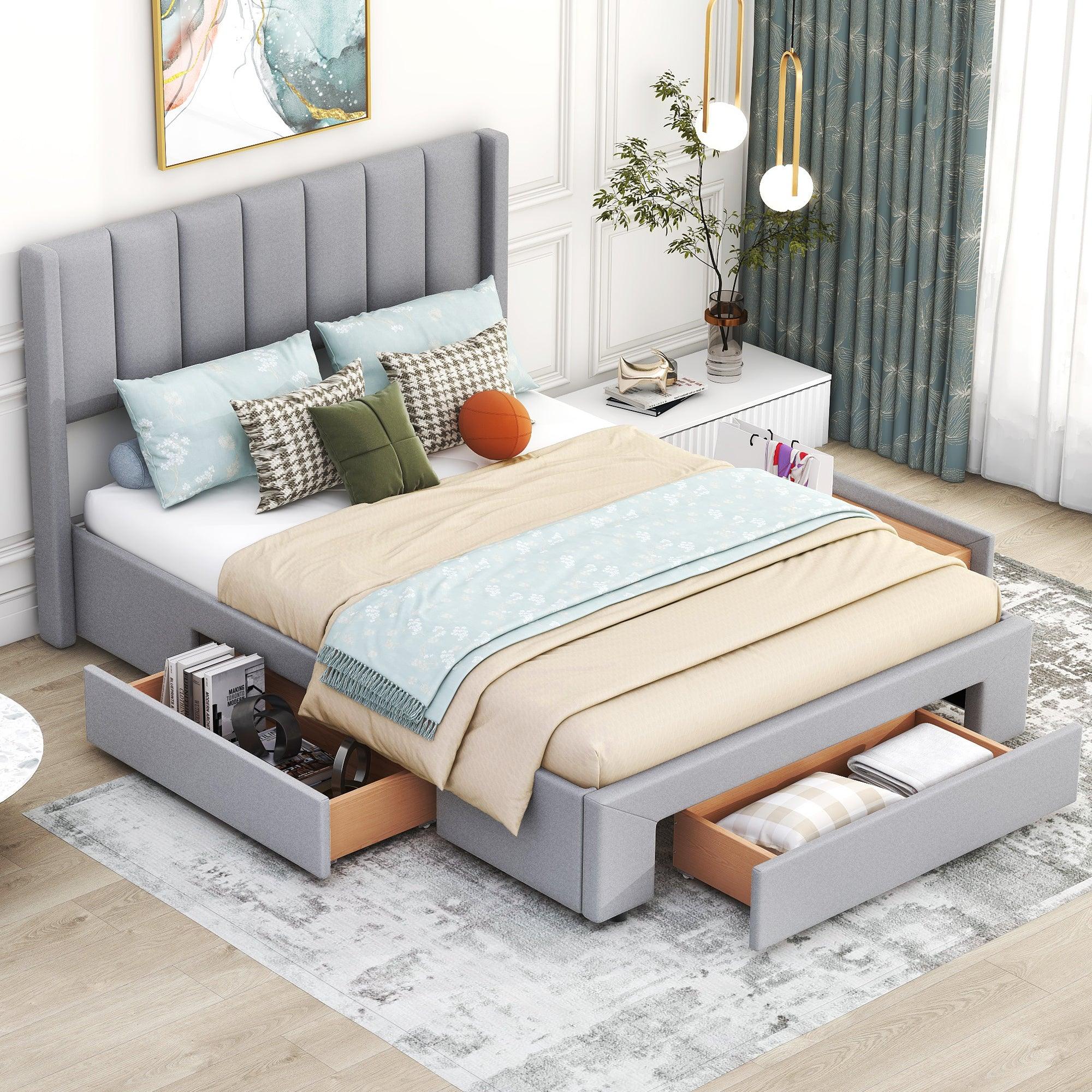 Full Size Upholstered Platform Bed with One Large Drawer in the Footboard and Drawer on Each Side, Gray