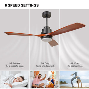 52" 6 Wooden Speed Ceiling Fan W/ Dimmable Led Lights & Remote Control