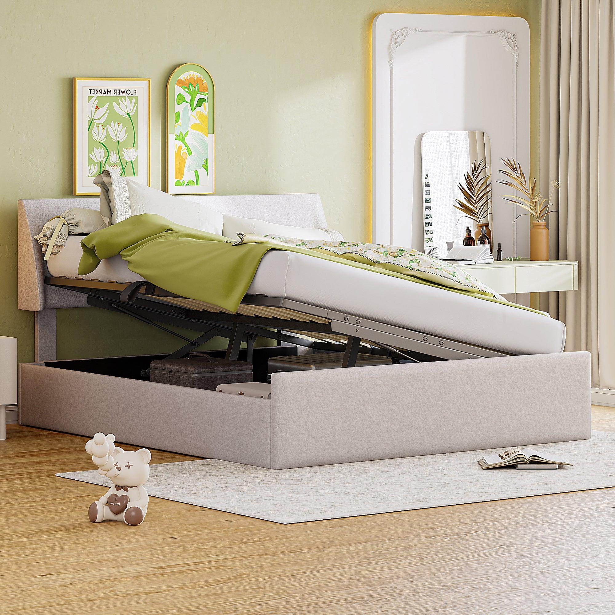 🆓🚛 Full Size Sleigh Bed With Side-Tilt Hydraulic Storage System, Linen Upholstery, Beige