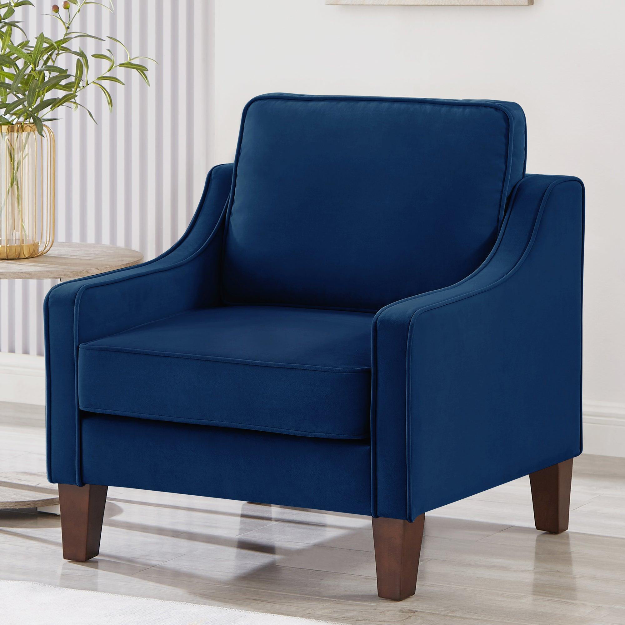 🆓🚛 Modern Armchair, Living Room Single Seat Sofa Chair With Wooden Legs, Upholstered Velvet Accent Chair for Living Room, Bedroom, Navy