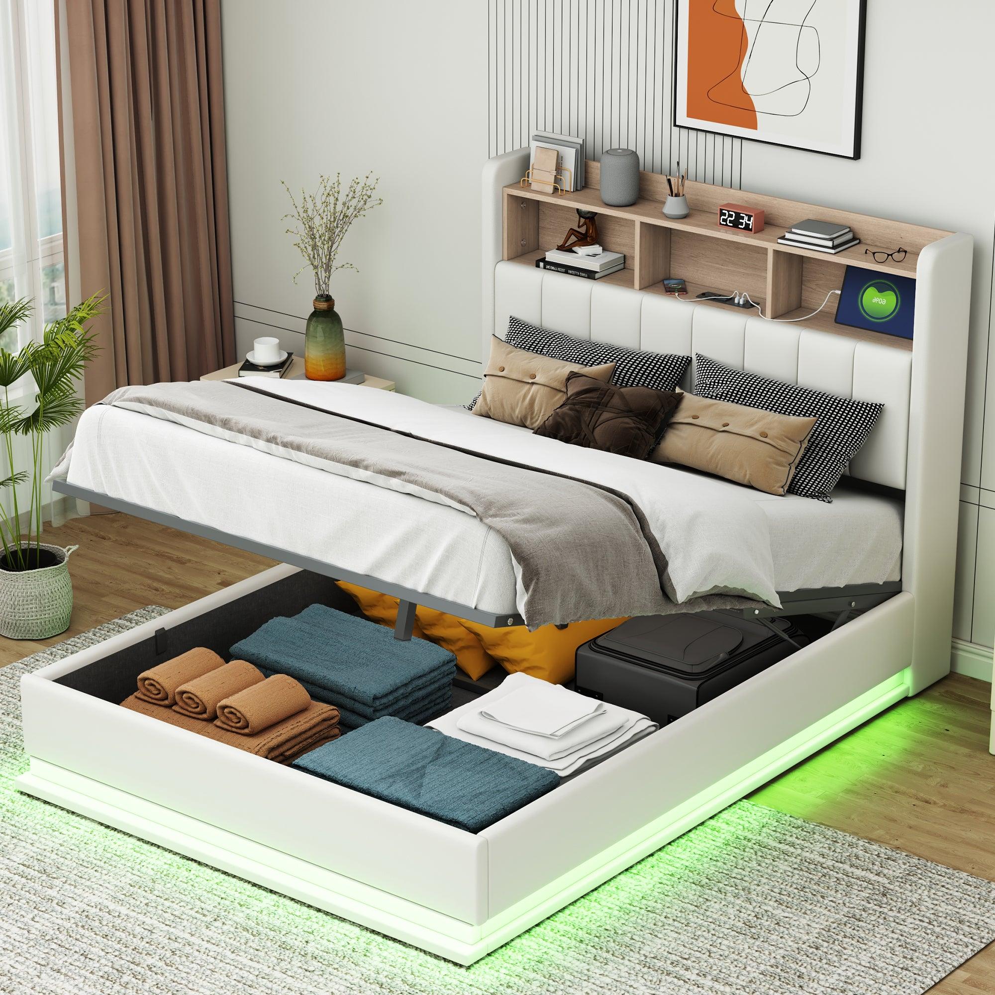 🆓🚛 Full Size Upholstered Platform Bed With Storage Headboard and Hydraulic Storage System, Pu Storage Bed With Led Lights and Usb Charger, White