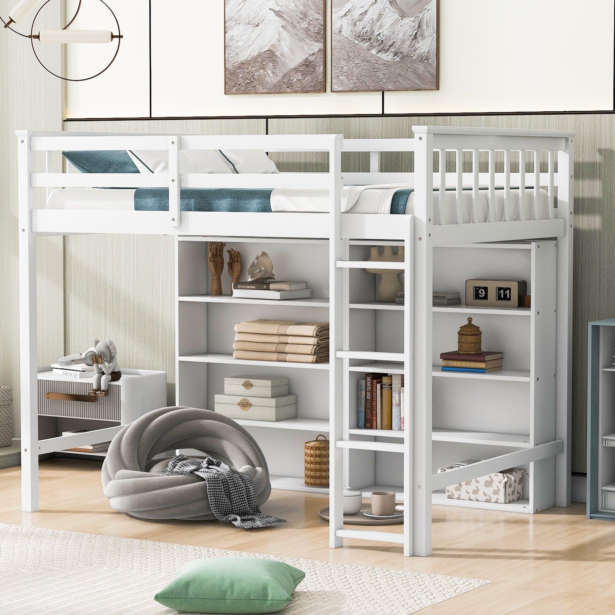 🆓🚛 Twin Size Loft Bed With 8 Open Storage Shelves & Built-in Ladder, White