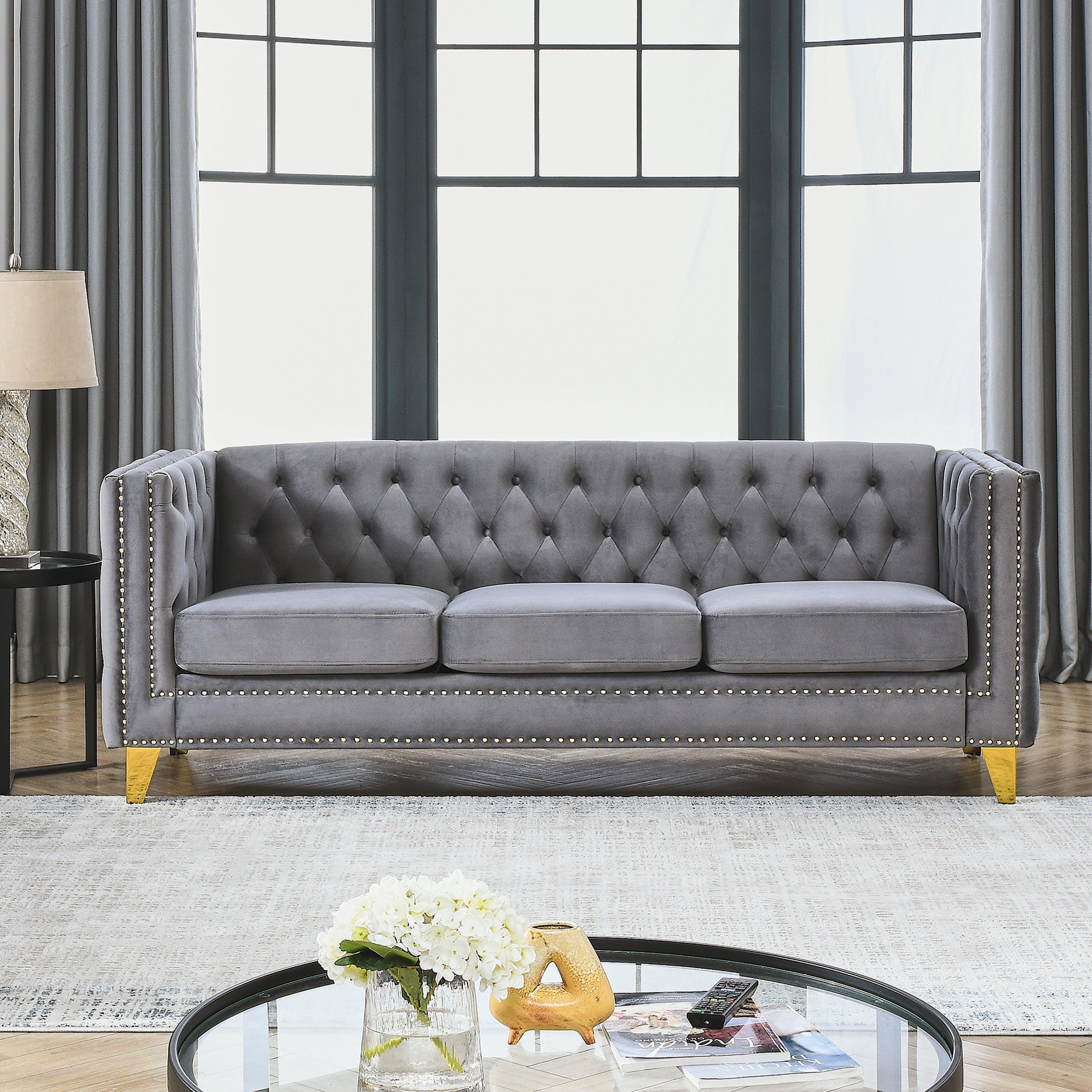 🆓🚛 80.5" 3 Seater Velvet Sofa for Living Room, Buttons Tufted Square Arm Couch, Modern Couch Upholstered Button & Metal Legs, Sofa Couch for Bedroom, Gray