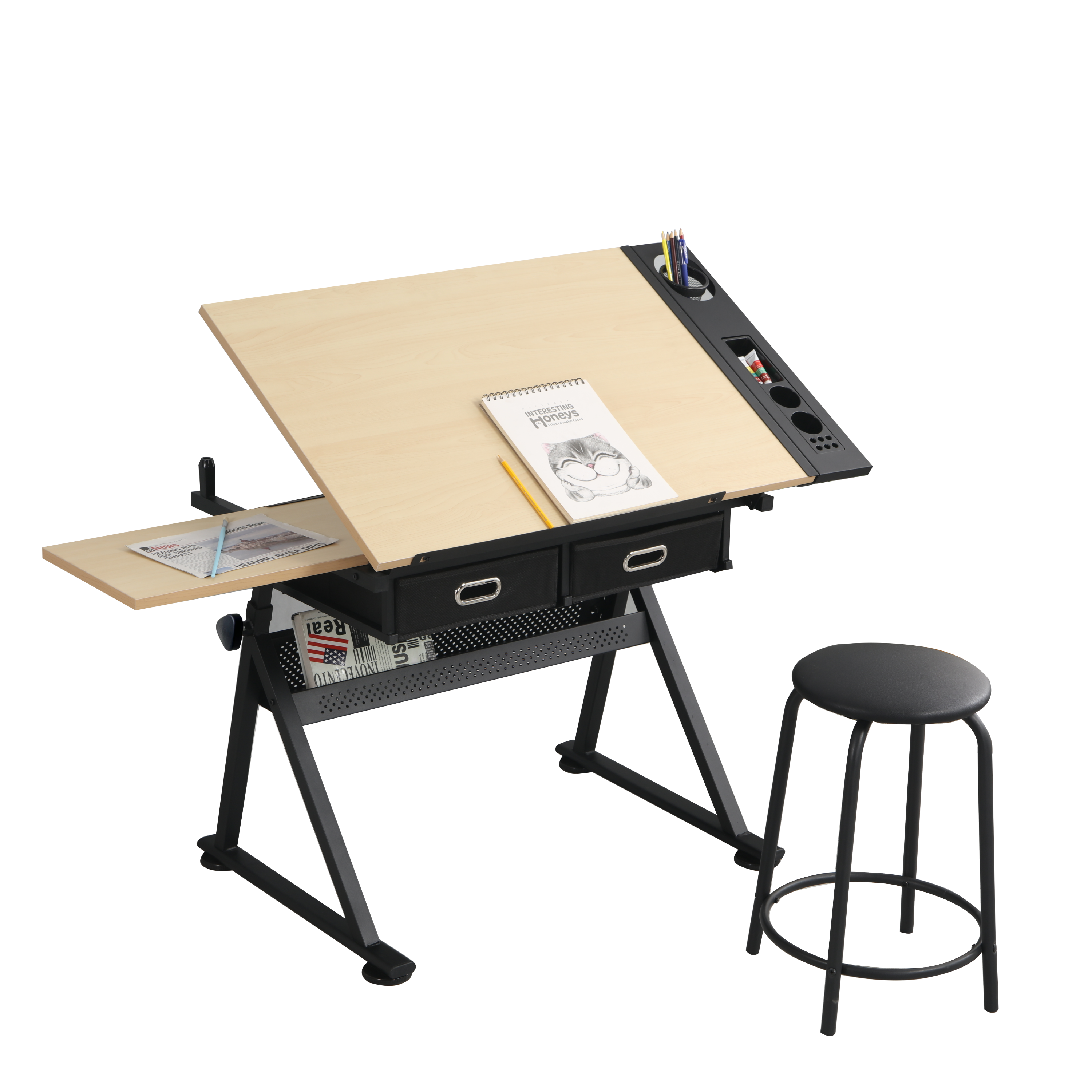 🆓🚛 Adjustable Drawing Drafting Table Desk With 2 Drawers for Home Office & School With Stool