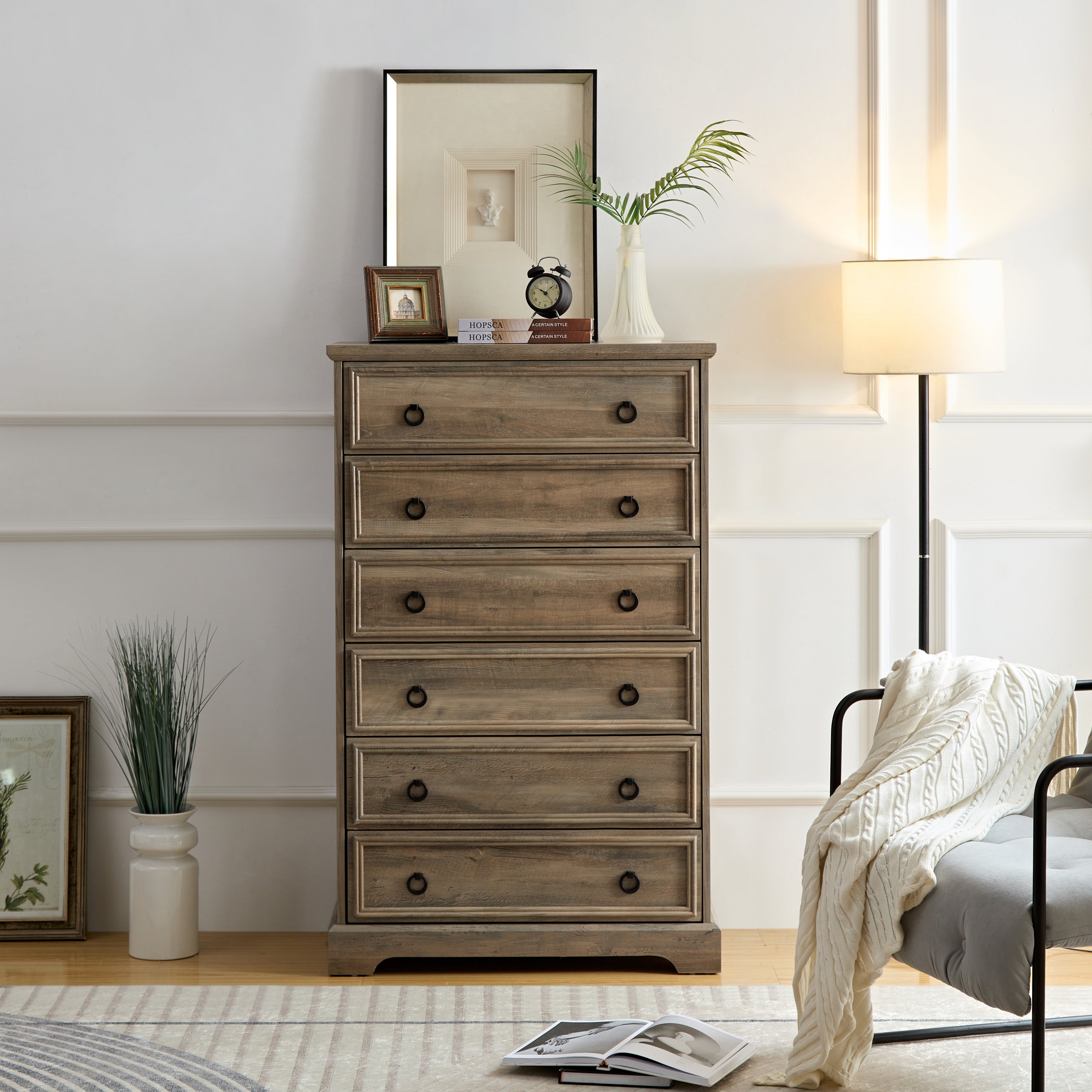 🆓🚛 Modern 6 Drawer Dresser, Dressers for Bedroom, Tall Chest of Drawers Closet Organizers & Storage Clothes - Easy Pull Handle, Textured Borders Living Room, Hallway, L 29.53''*W15.75''*H48.03''