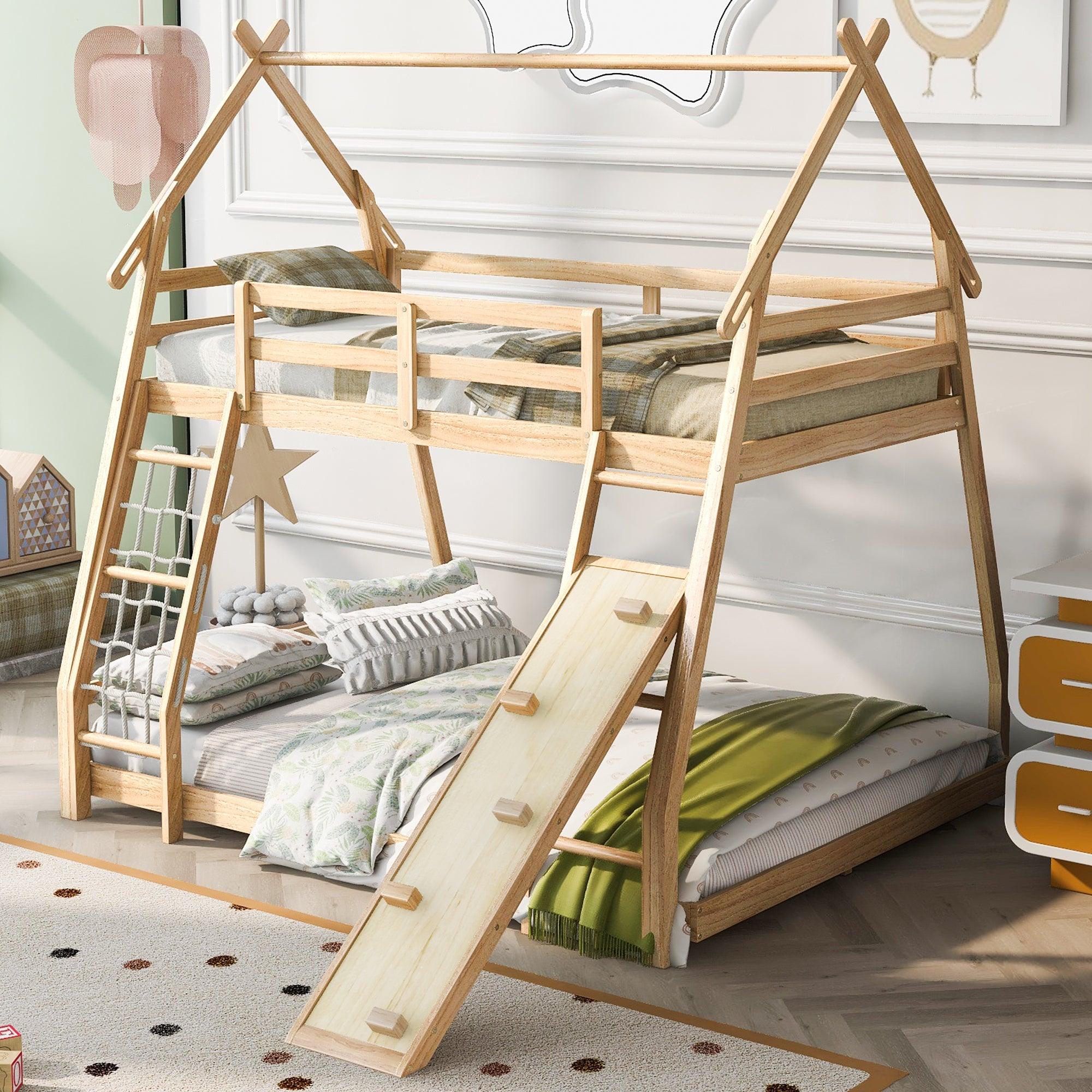 🆓🚛 Twin Over Queen House Bunk Bed With Climbing Nets & Climbing Ramp, Natural