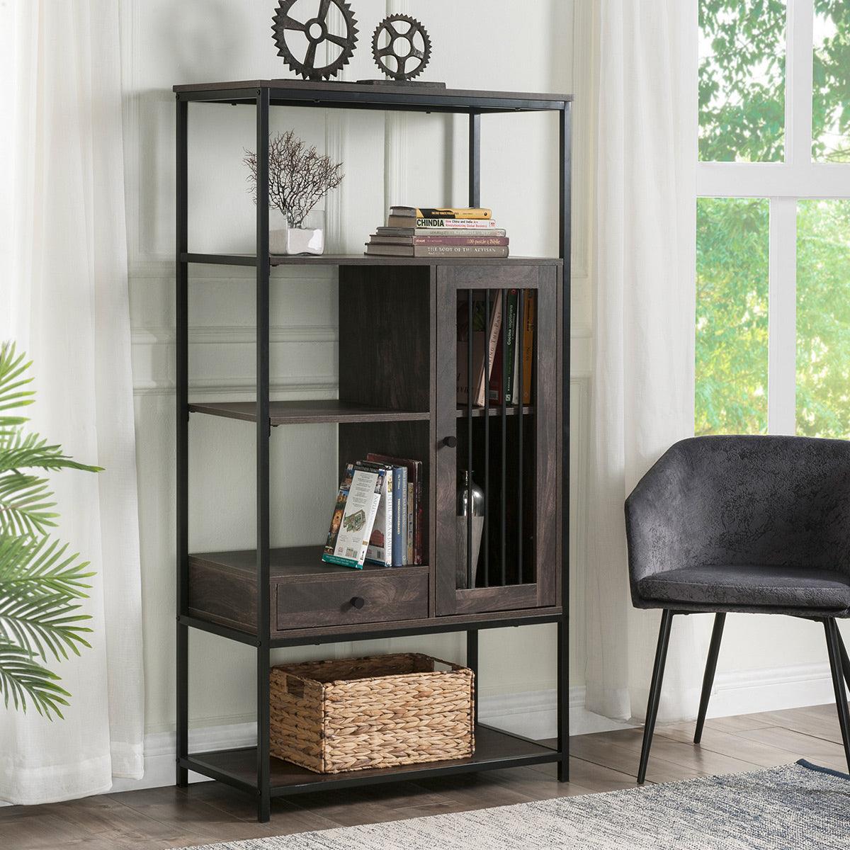 🆓🚛 Home Office Bookcase & Bookshelf 5 Tier Display Shelf With Doors & Drawers, Vintage Brown Industrial Style