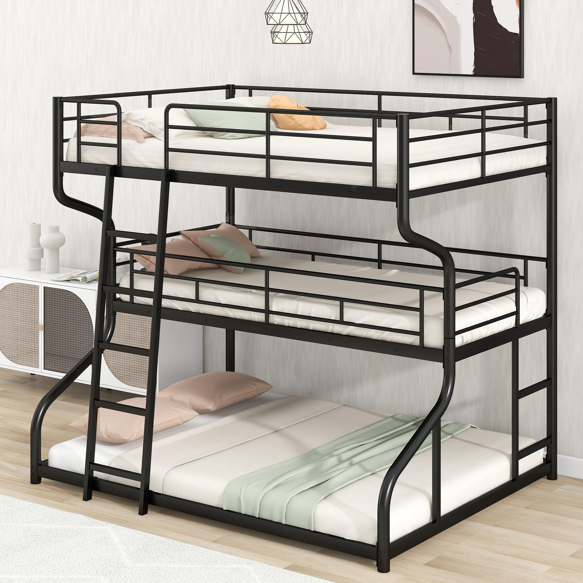 🆓🚛 Full XL Over Twin XL Over Queen Size Triple Bunk Bed With Long and Short Ladder, Black