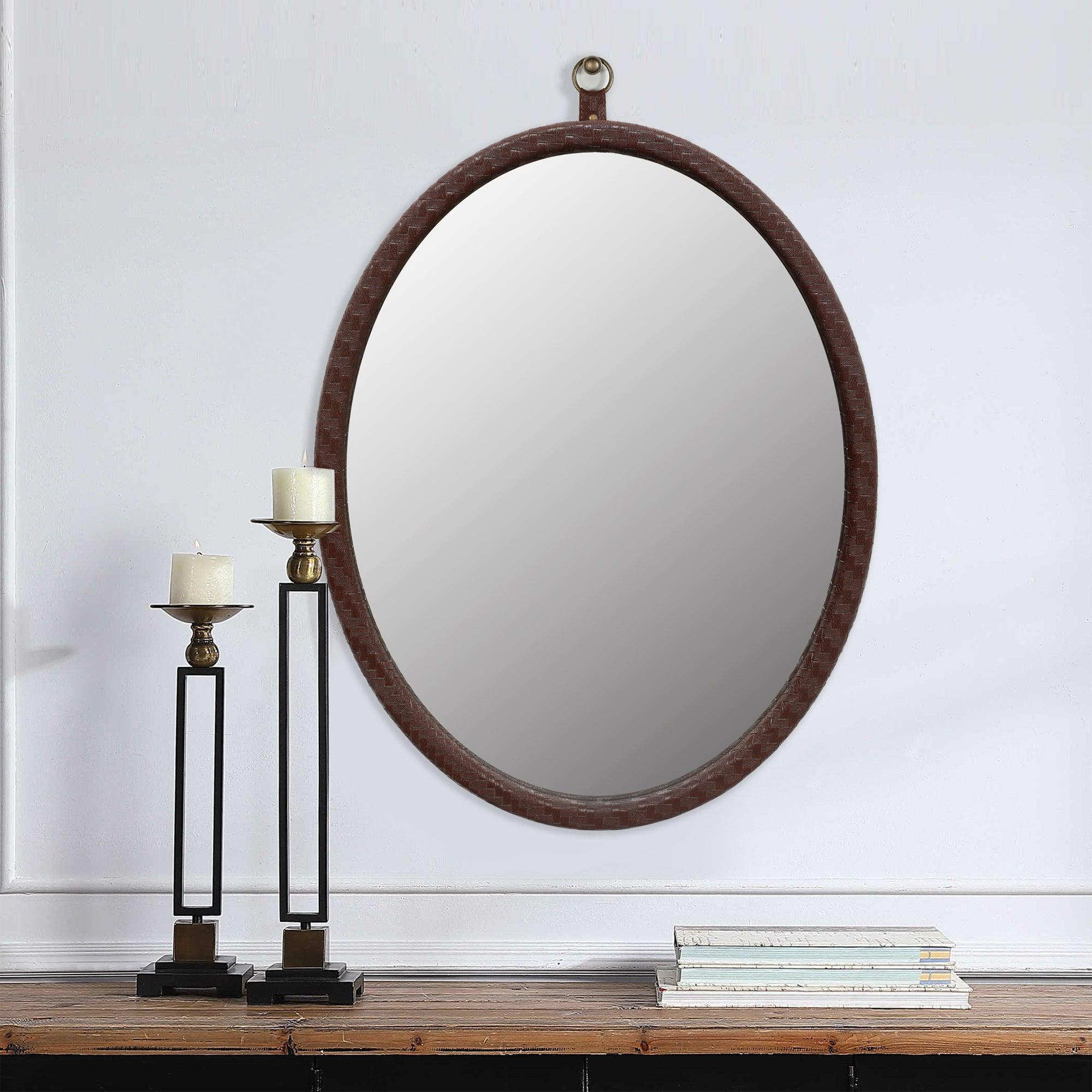 🆓🚛 Oval Brown Woven Grain Decorative Wall Hanging Mirror, Pu Covered Mdf Framed Mirror for Bedroom Living Room Vanity Entryway Wall Decor, 23.62X29.92"