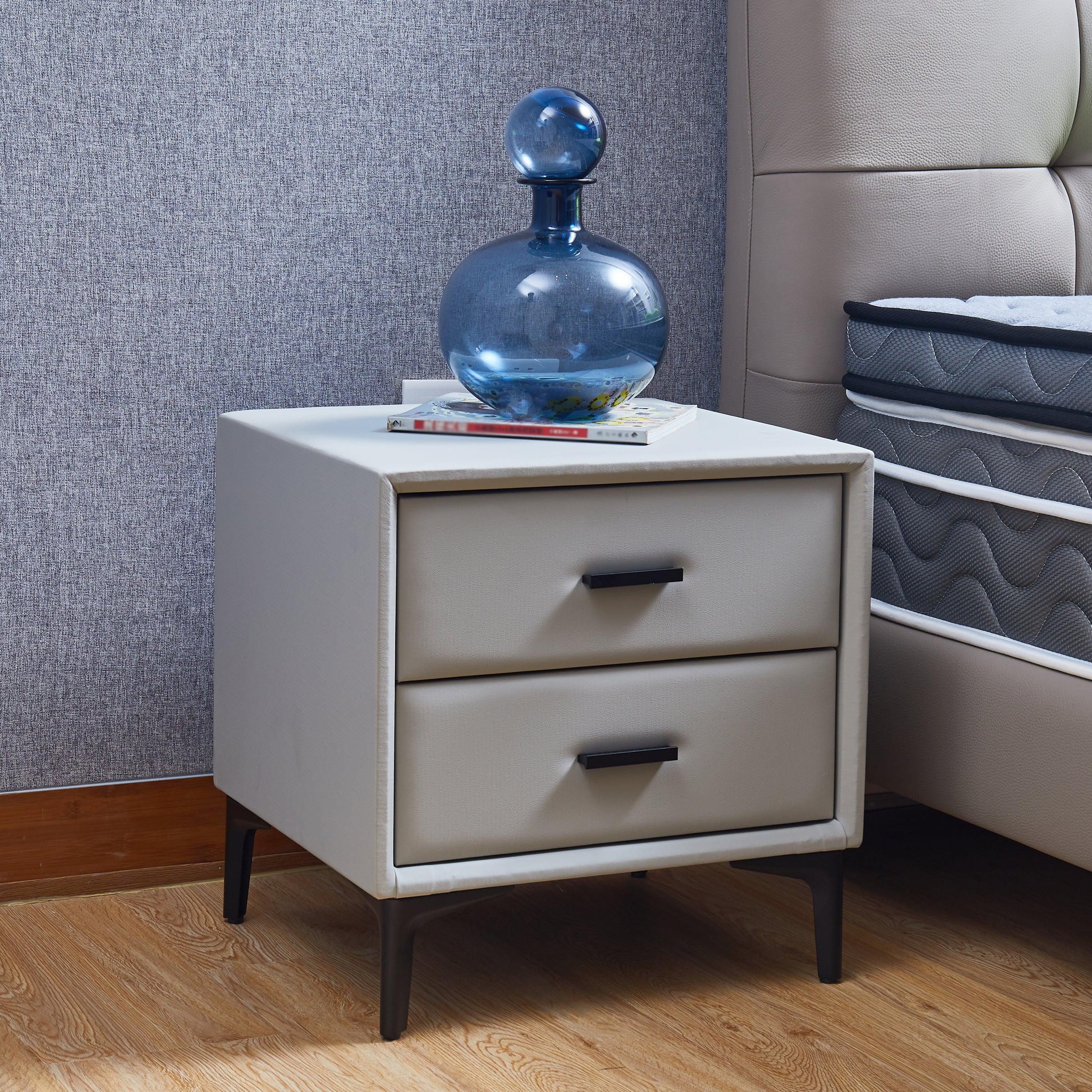 🆓🚛 Modern Nightstand With 2 Drawers, Night Stand With Pu Leather & Hardware Legs, for Bedroom, Light Gray