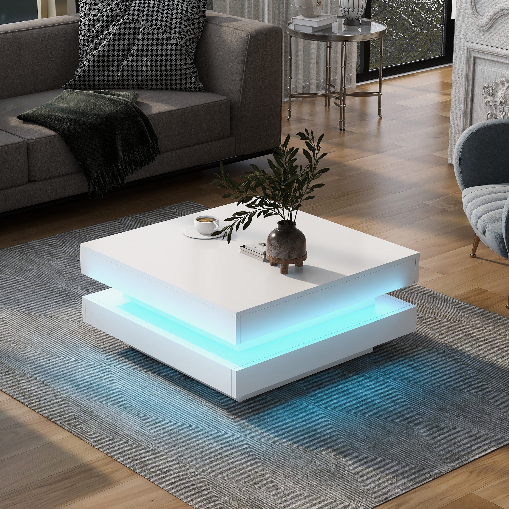 🆓🚛 2-Tier Square Coffee Table,, High Gloss Minimalist Design With Led Lights, Center Table for Living Room, 31.5''X31.5''X14.2'', White