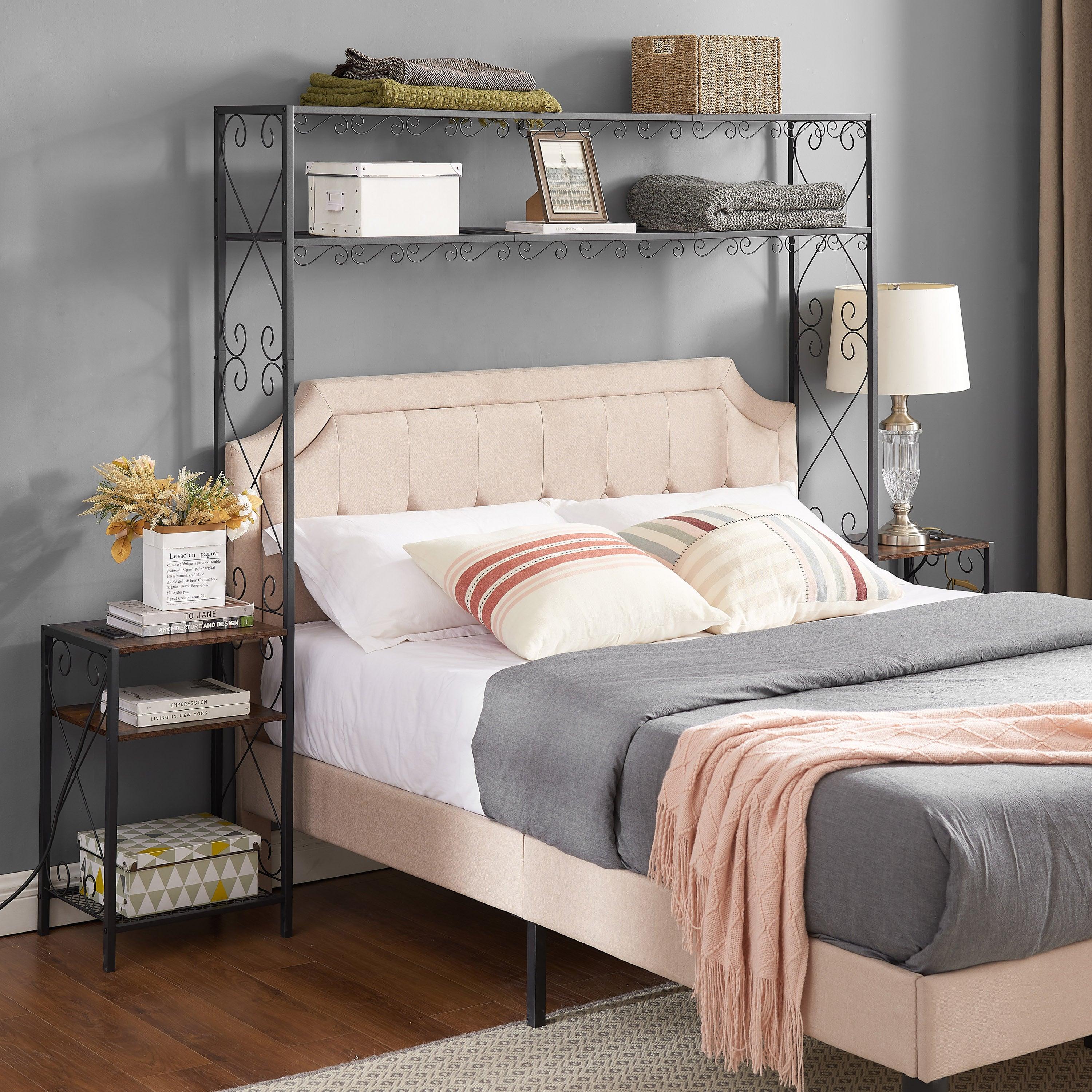 🆓🚛 Queen Bed Frame With 2 Nightstands Headboards With Storage Cabinet, Headboard With Shelves, Bookcase Headboard Queen Easy Assembly for Bedroom Iron & Wood Rustic Brown