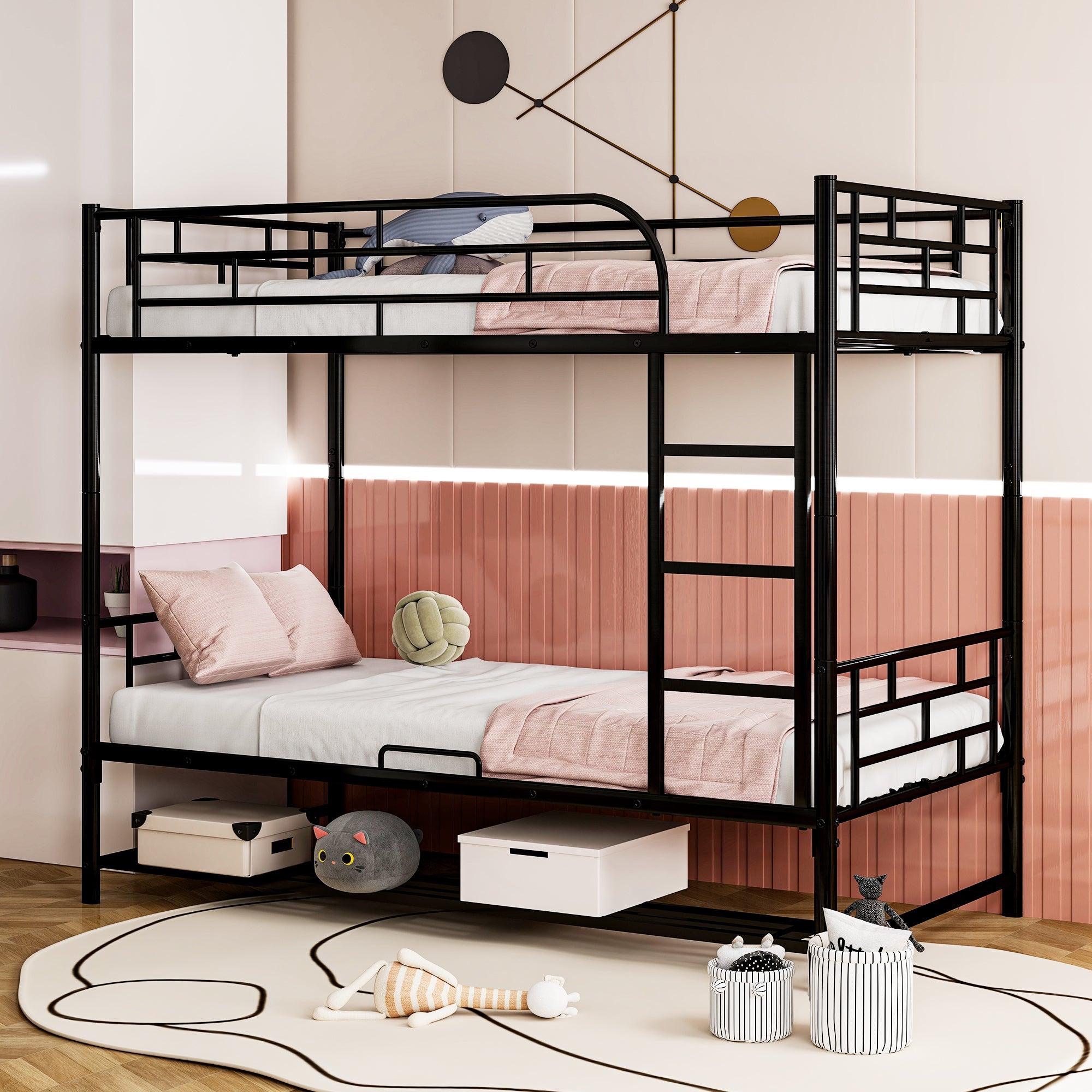 🆓🚛 Twin Over Twin Metal Bunk Bed With Shelf & Guardrails, Black