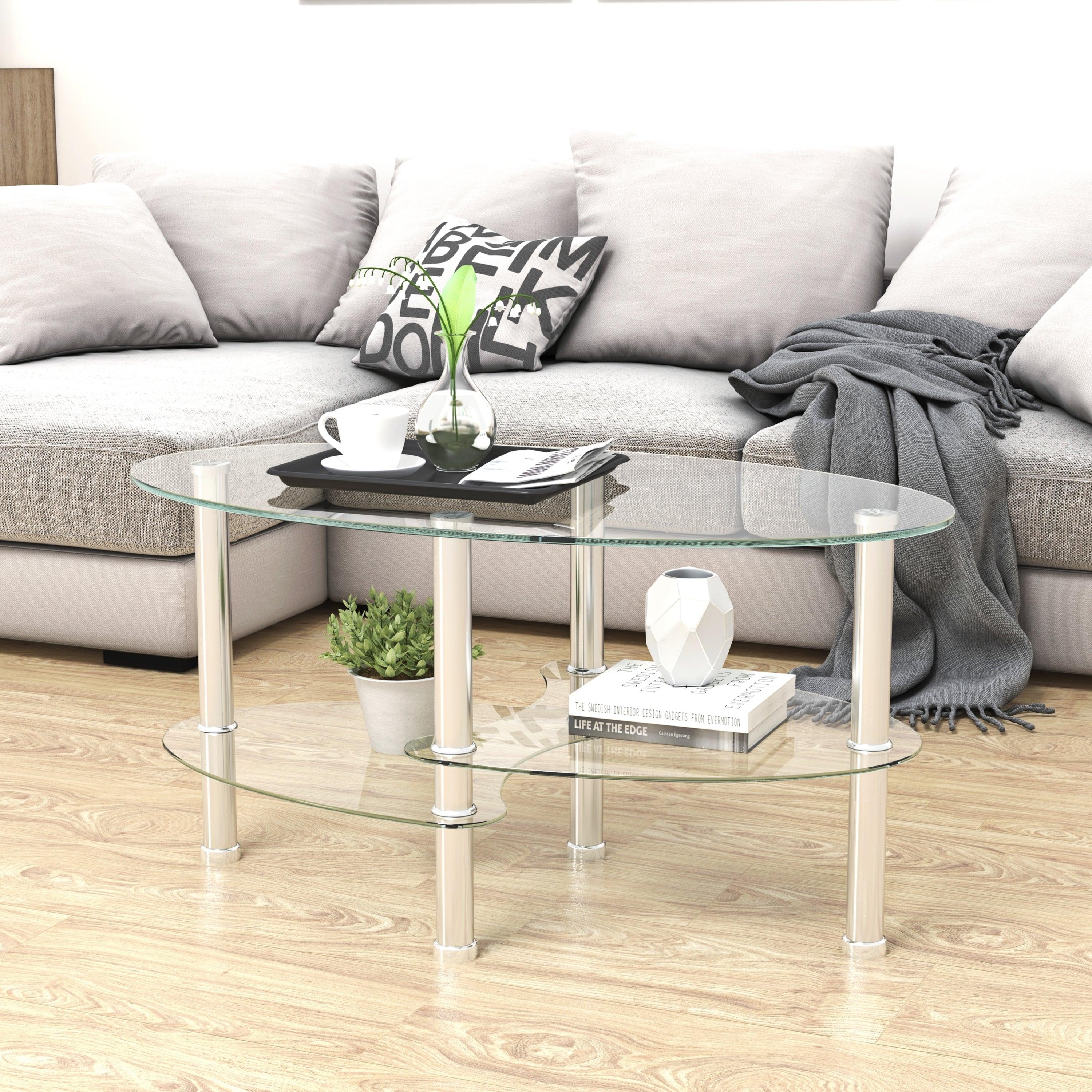 🆓🚛 Transparent Oval Glass Coffee Table, Modern Table With Stainless Steel Leg, Tea Table 3-Layer Glass Table for Living Room